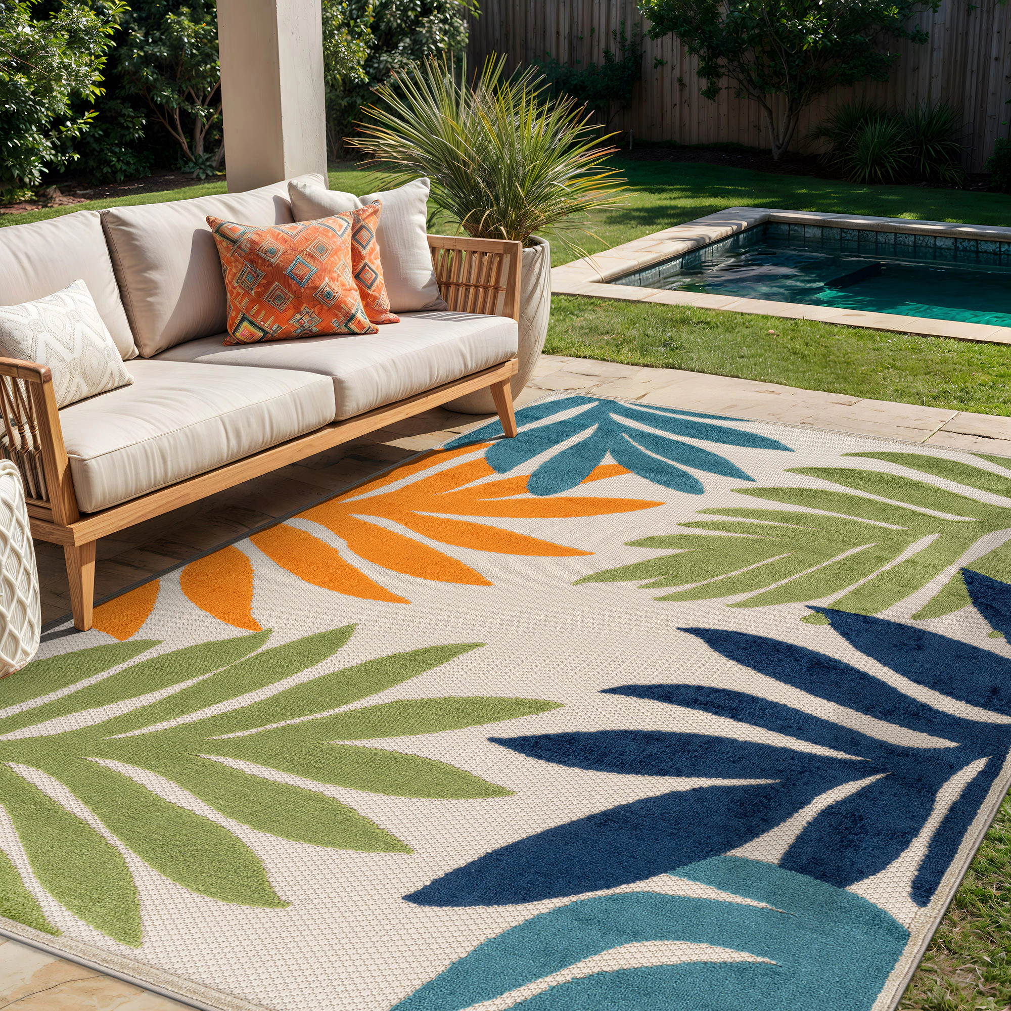 World Rug Gallery Indoor/Outdoor High-Low Textured Area Rug, Palm Ivory/Multi, Easy-Clean Patio