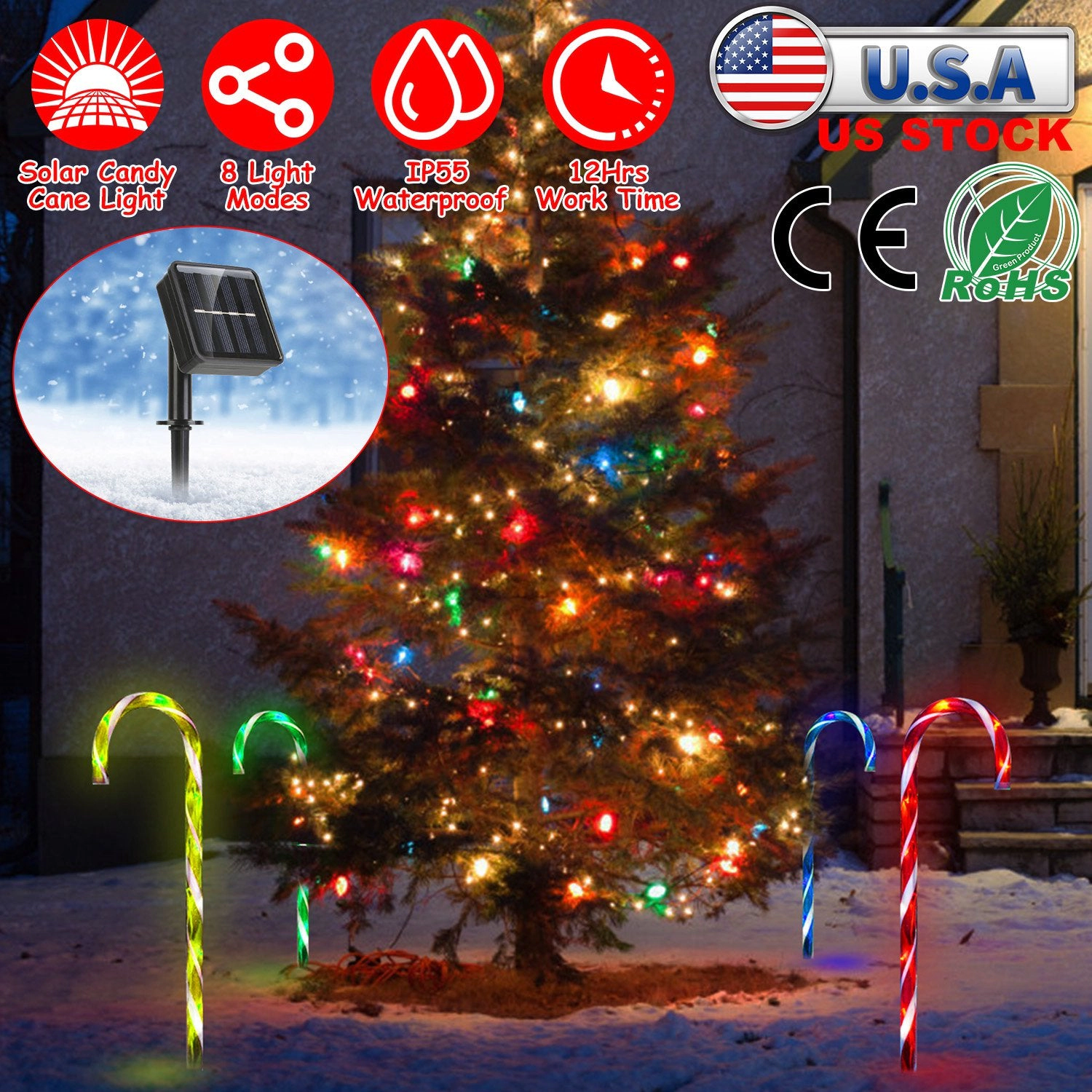 GBruno Solar Waterproof Candy Cane Stake Light