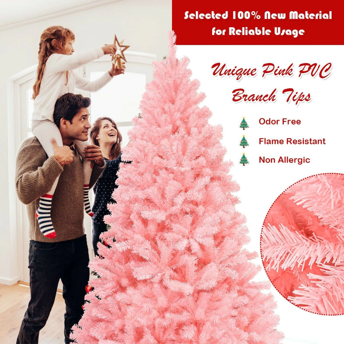 SlickBlue Full Shape Pink Christmas Tree with Hinged Sections and Metal Stand