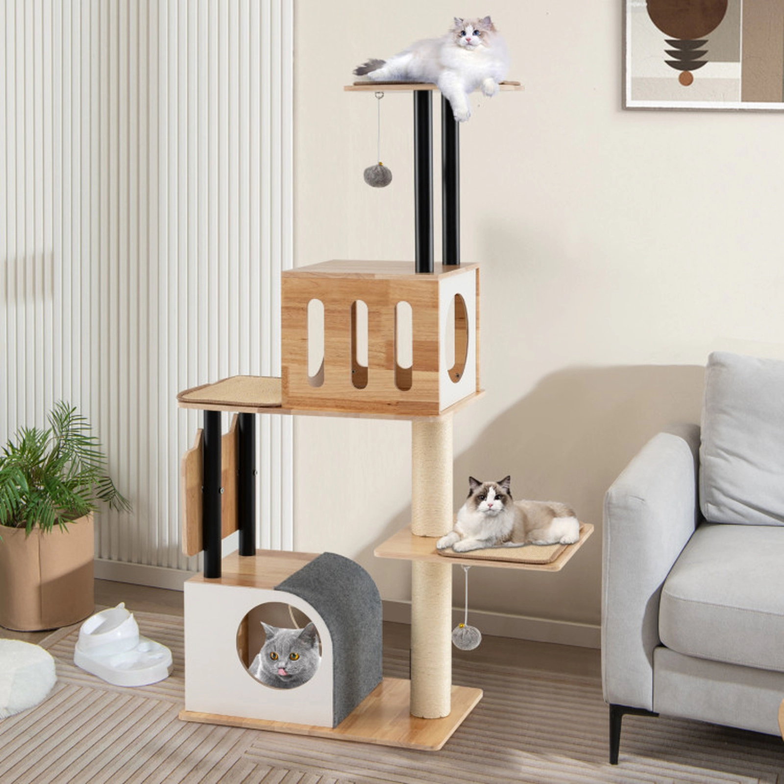 SUGIFT 56-in Natural Modern Tall Cat Tree Tower with 2 Condos Detachable Sisal Carpets and Metal Posts