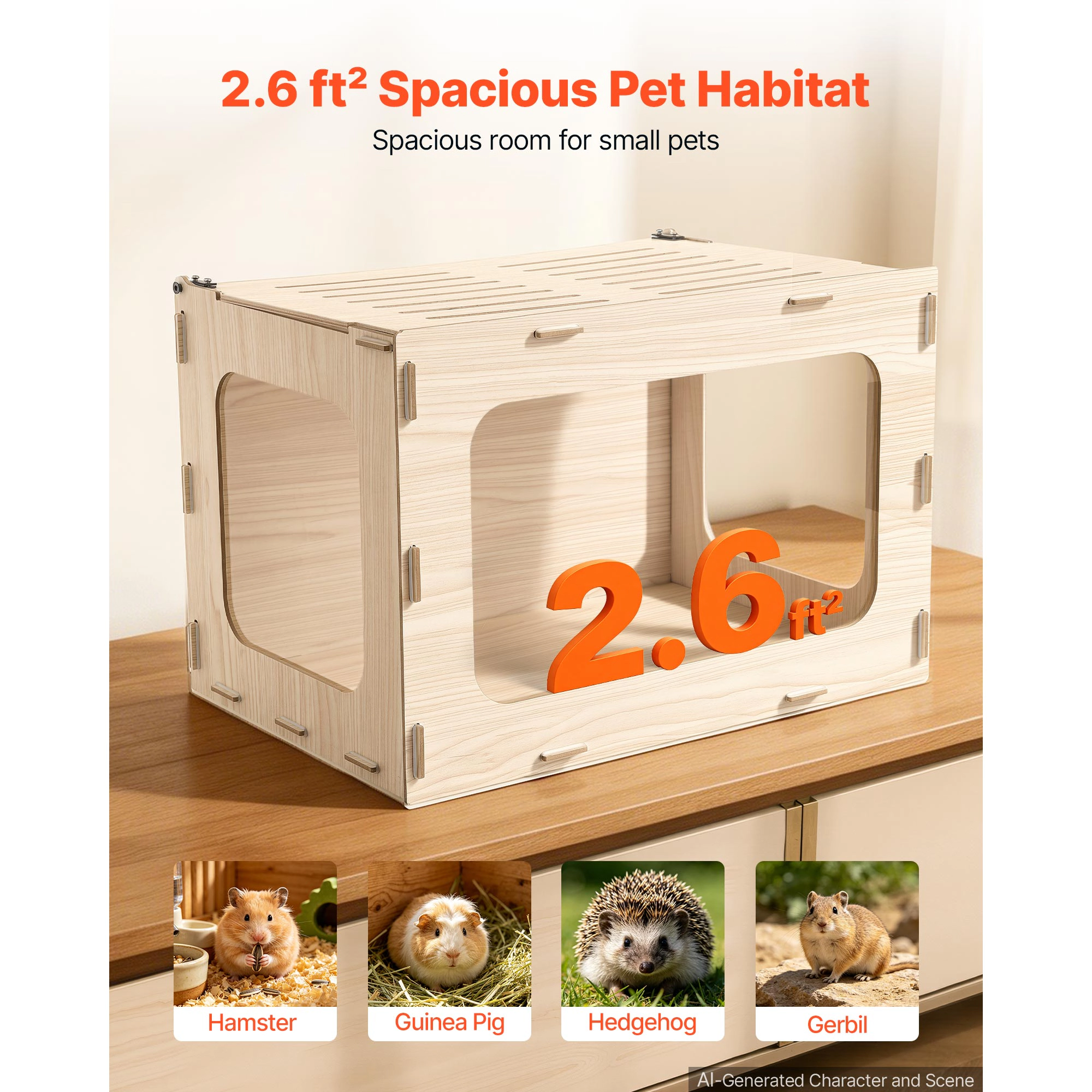 HONGGE Wooden Hamster Cage 270° Viewing Hamster Habitat Chewproof Acrylic Small Animal Cage with Openable Top Large Pet