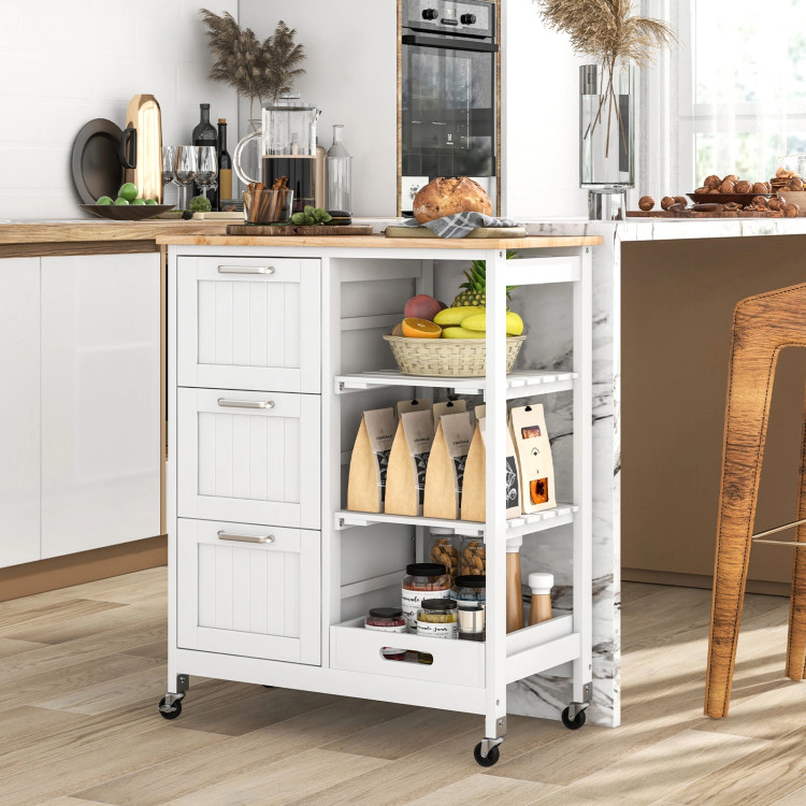SUGIFT Rolling Kitchen Island Utility Cart White with 3 Drawers and Rubber Wood Top