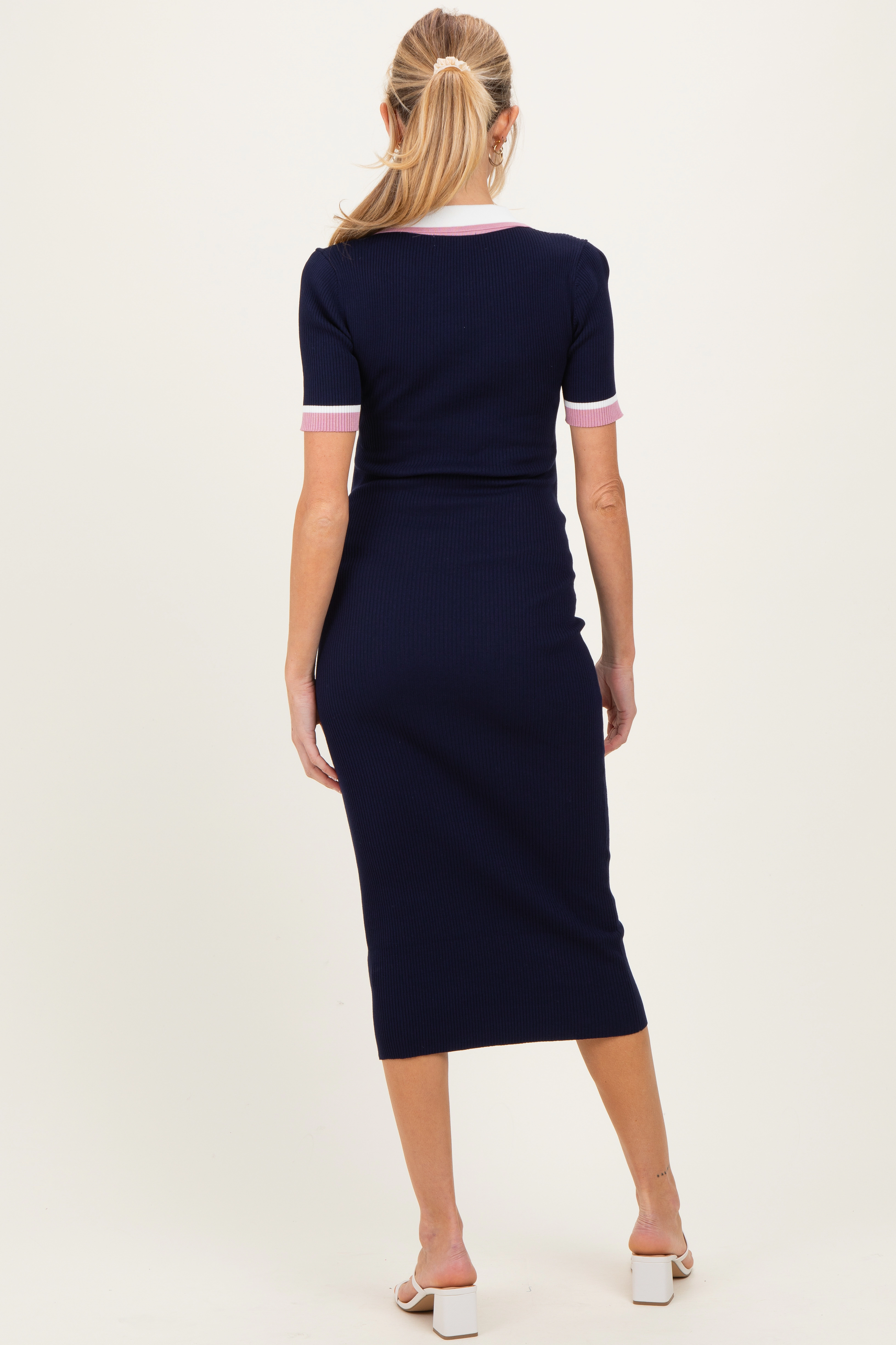 PinkBlush Womens Navy Collared Colorblock Maternity Midi Dress