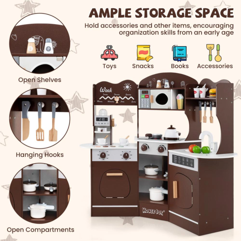 Hivvago Corner Wooden Play Kitchen with Coffee Machine and Slide for Kids