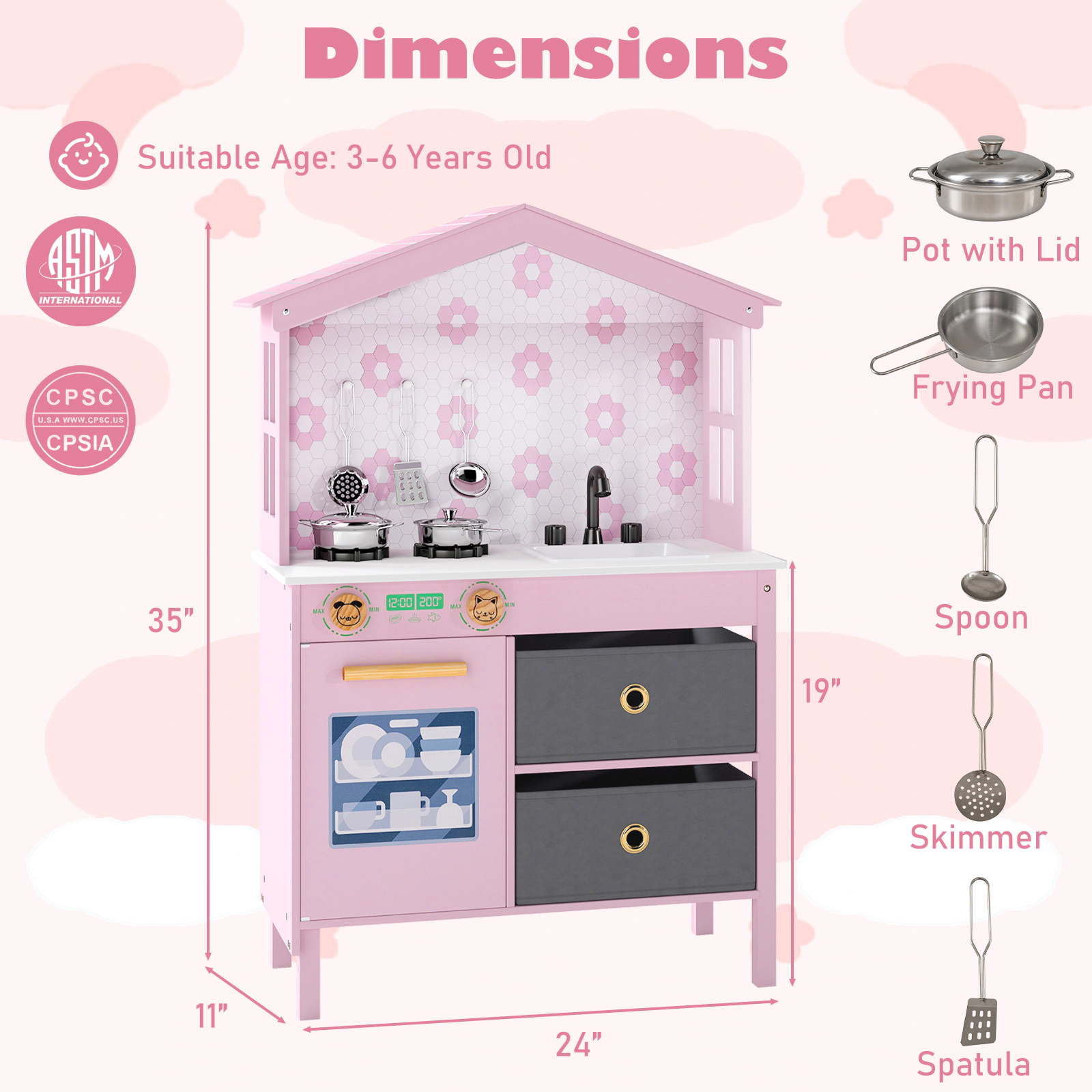 SUGIFT Kids Play Kitchen Toy Playset with 2 Stoves and Rotation Handles 35-in Tall Ages 3-6 Pink/White Wooden Set