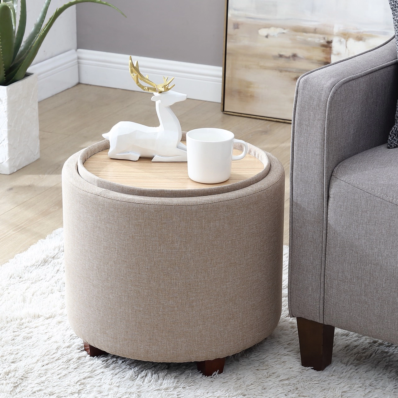 Ornavo Home Round Linen Storage Ottoman with Table Top Lid