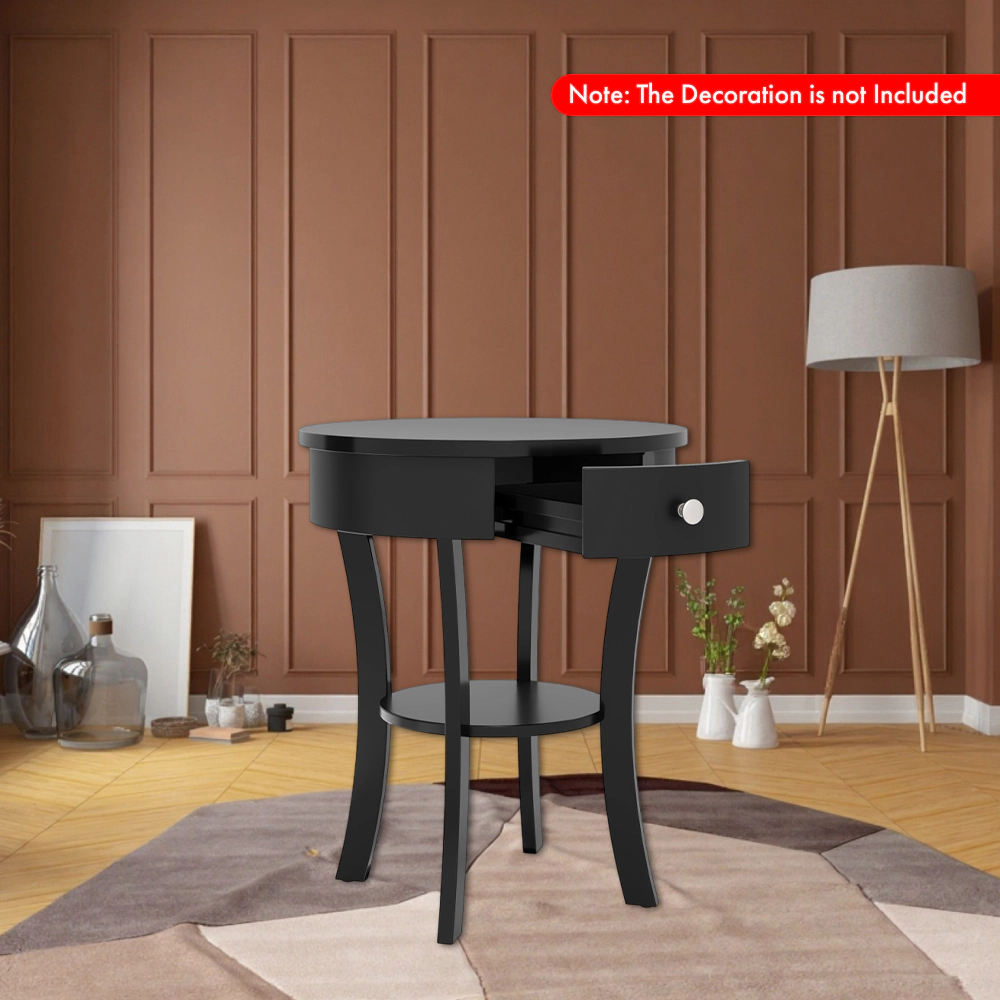 Hivvago 2-Layer Wooden Round Side Table with Open Storage Drawer