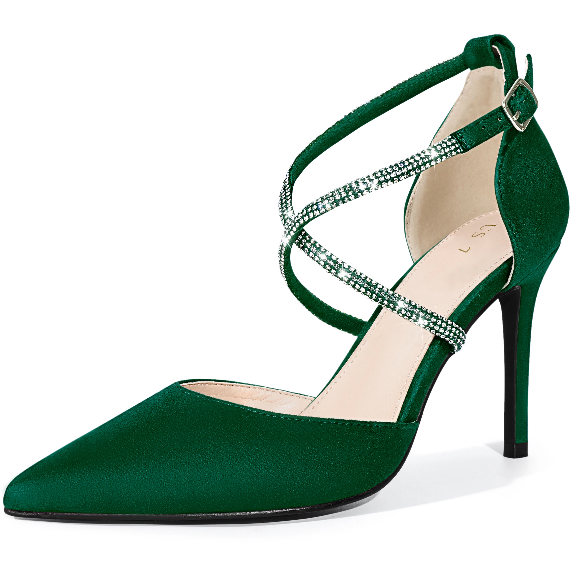 BLISSFUL STEP Pointed Toe Crisscross Rhinestone Ankle Strap Stiletto Heel Pumps