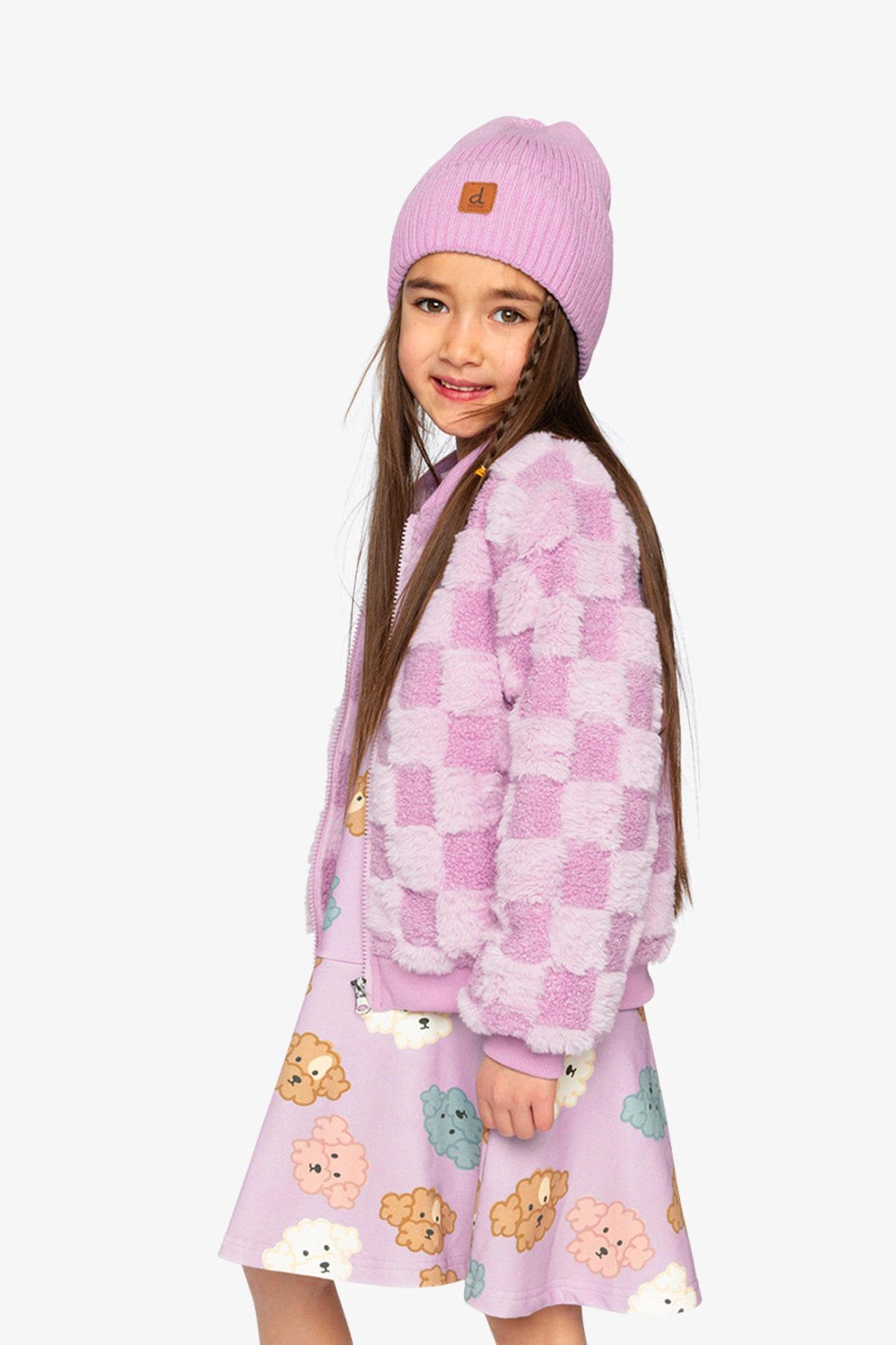 Deux par Girls Checkerboard Faux Fur Jacquard Bomber Jacket