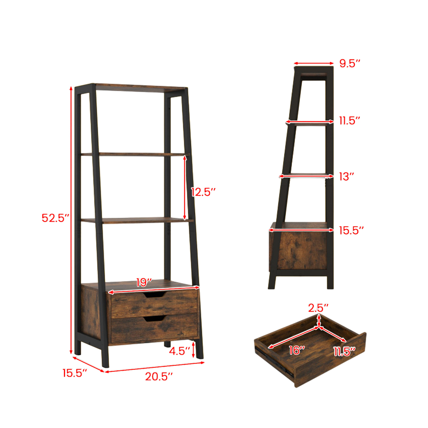 Hivvago Ladder-Style Bookcase with 2 Drawers