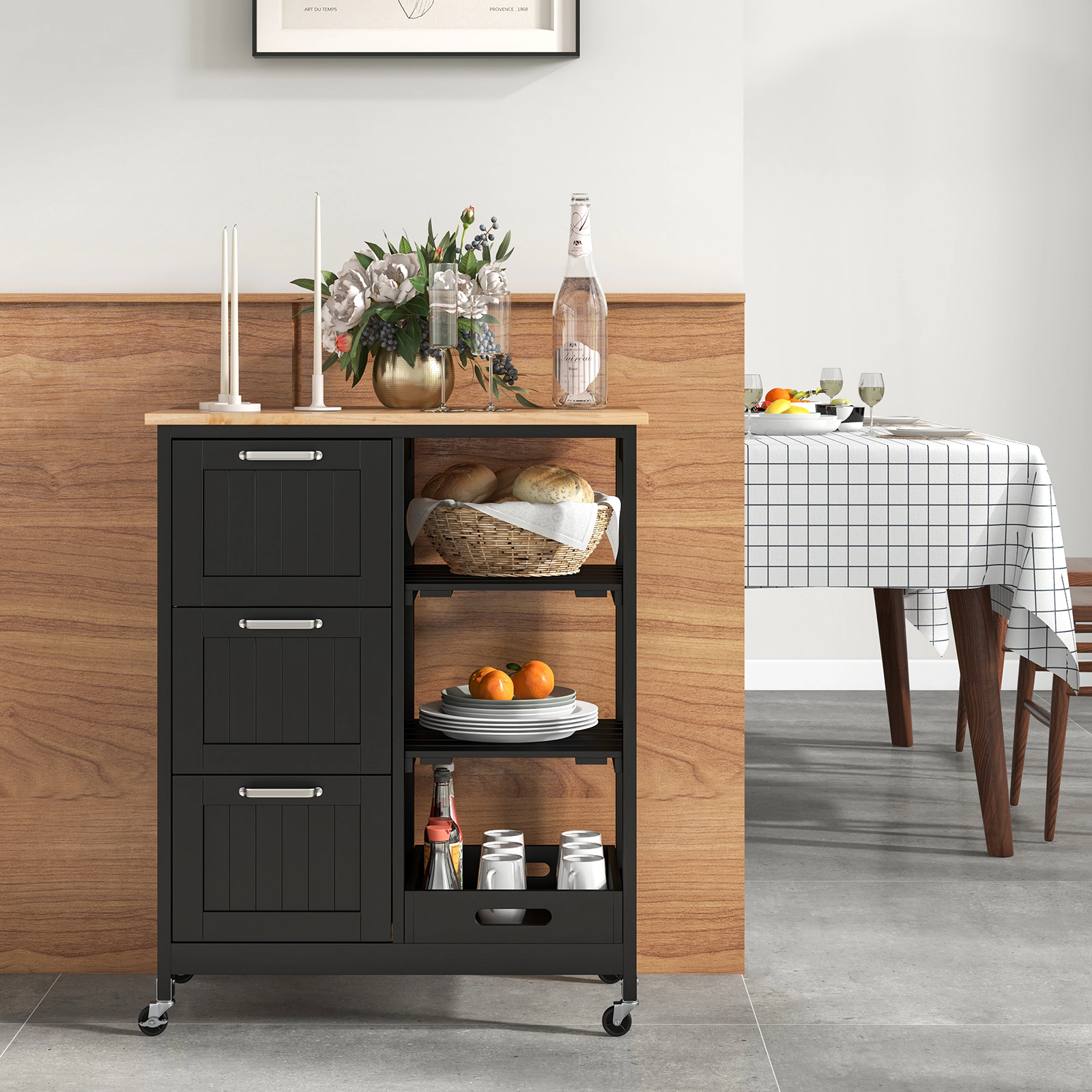 SUGIFT Rolling Kitchen Island Utility Storage Cart with 3 Large Drawers and Open Shelves 44-lb Countertop Capacity Black