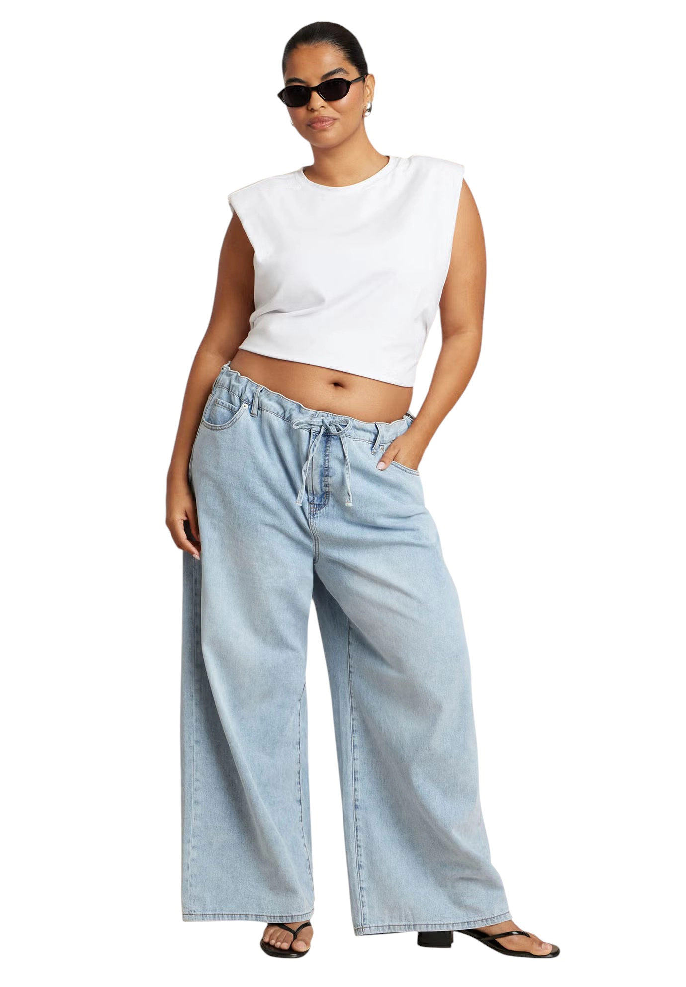 ELOQUII Women's Plus Lightweight Wide-Leg Drawstring Waist Jean