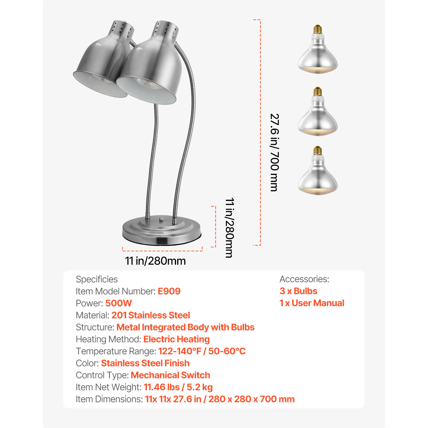 HONGGE Food Heat Lamp, 500W Commercial Food Warmer Light, Electric Stainless Steel French Fry Heating Lamp