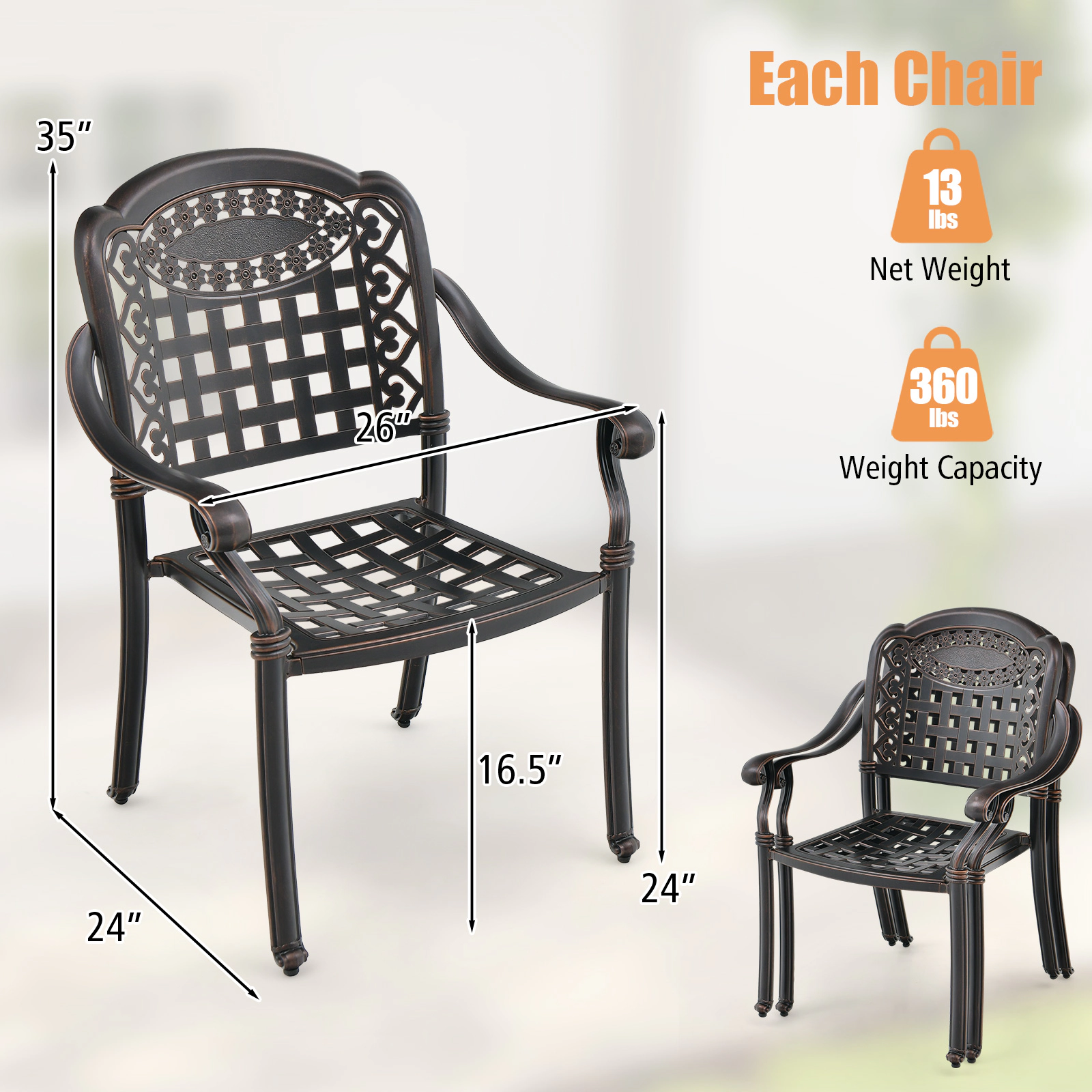 LJG Set of 2 Cast Aluminum Patio Chairs with Armrests