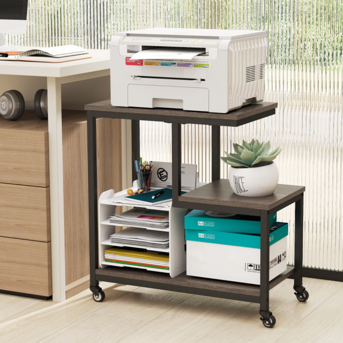 SlickBlue 3 Tier End Table with Wheels, Printer Stand and Nightstand for Home Office