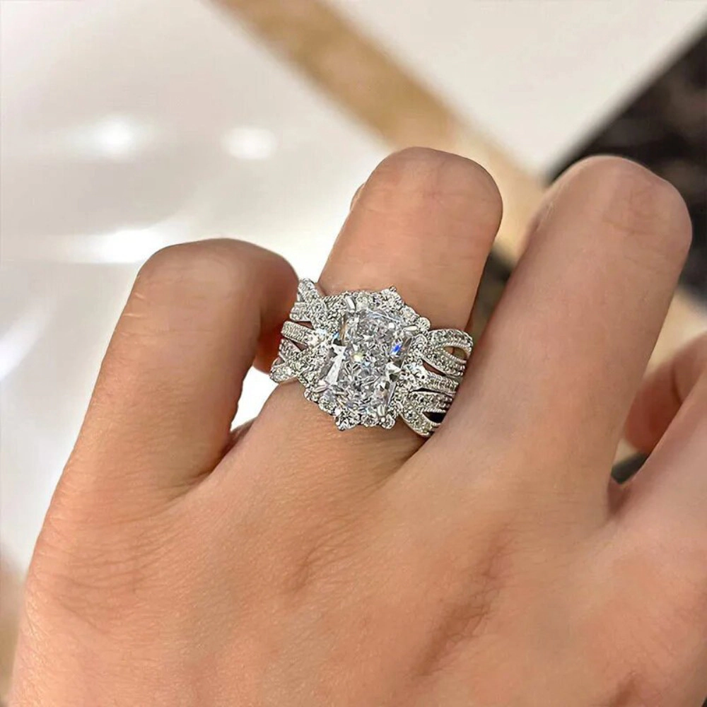 Wardrobe Whimsy Antique Halo Radiant Cut Cubic Zirconia Three Piece Bridal Ring Set