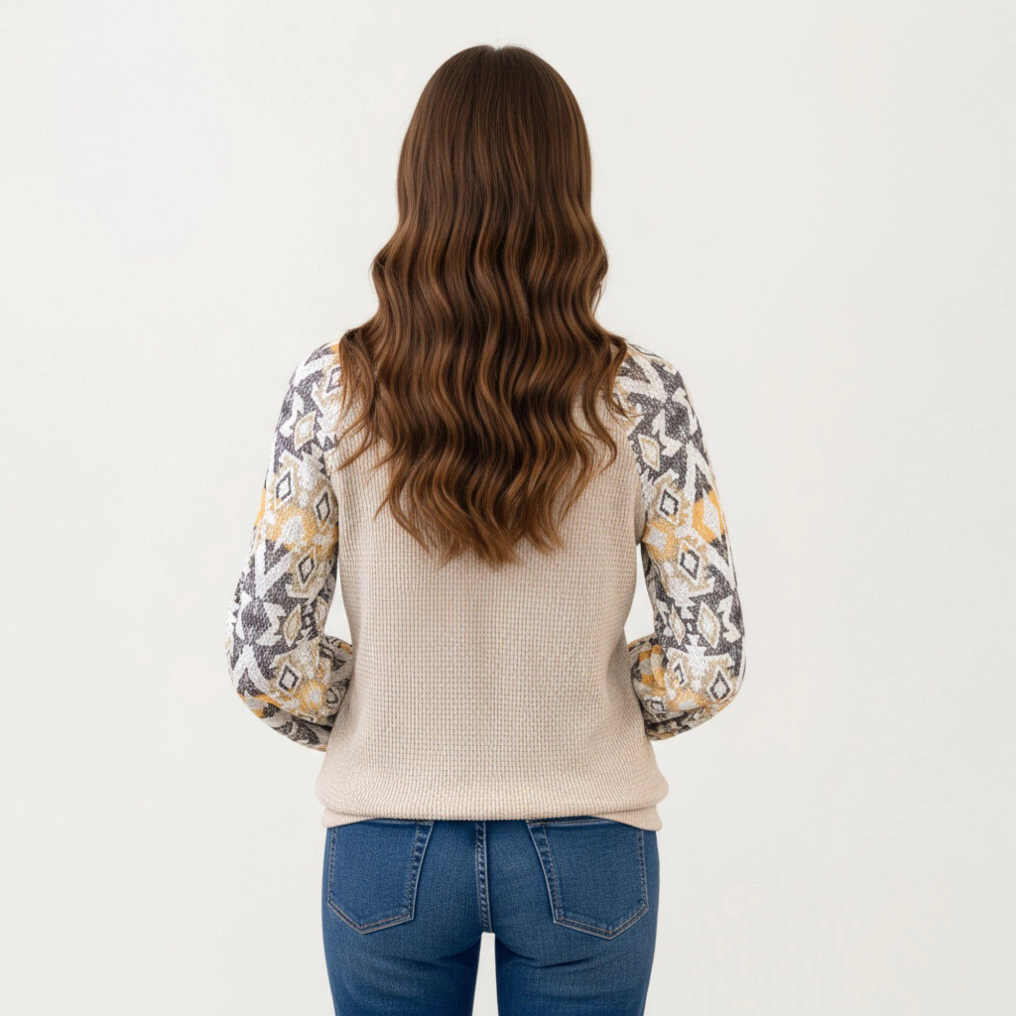 Anna-Kaci Women's Long Sleeve Knit Top with Geometric Pattern Sleeves Textured Body