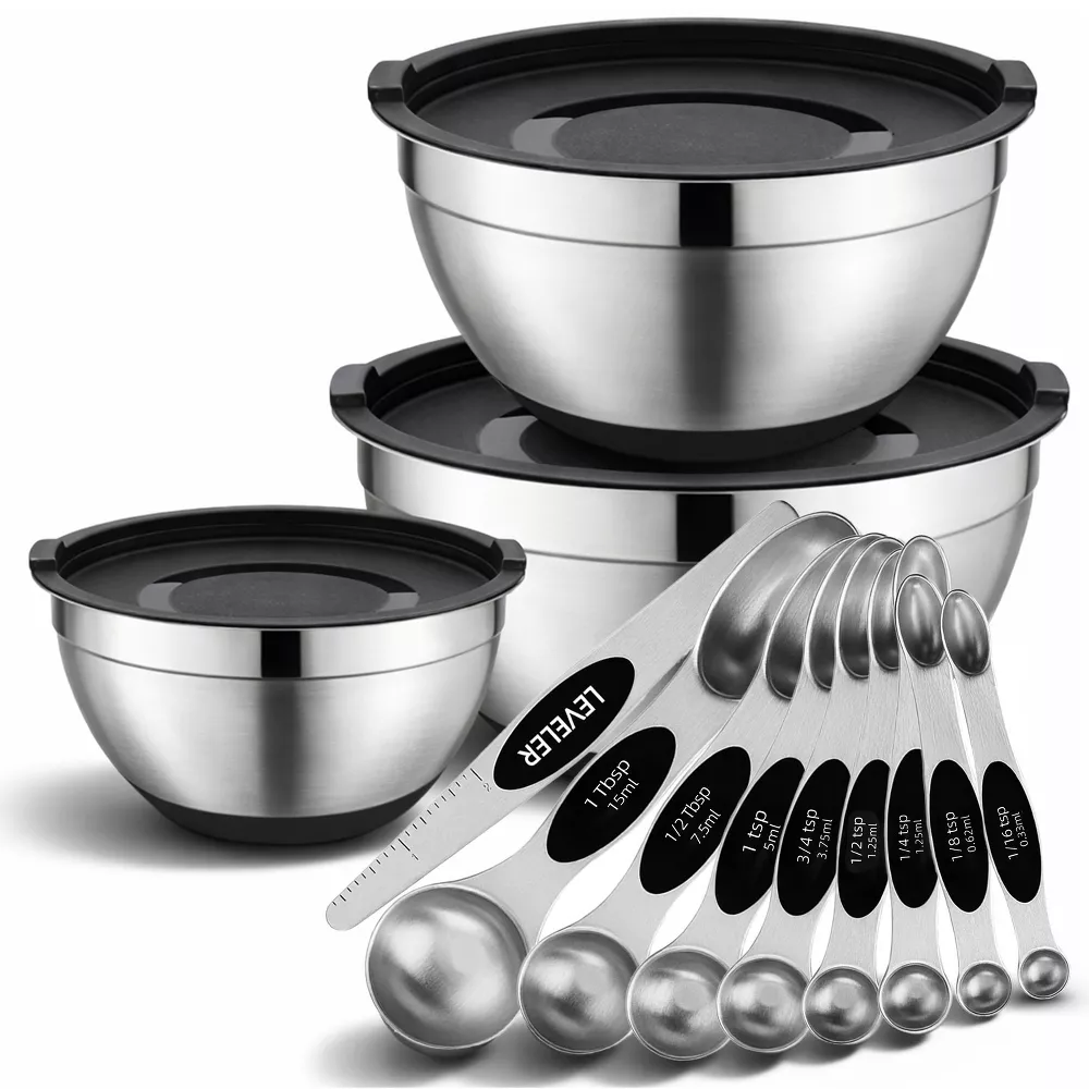 Luminuxe 12 Piece Kitchen Mixing & Measuring Set, Stainless Steel Mixing Bowl with Lids and Nesting Magnetic Spoons