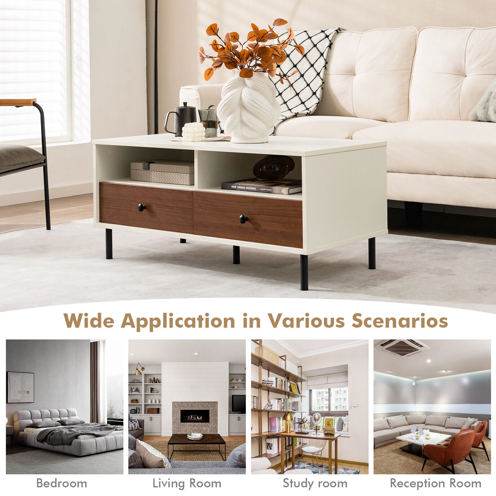 SUGIFT 2 Tier 40-in Rectangle Coffee Table with Storage Shelf and Drawers 200-lb Tabletop Capacity 40 x 20 x 18 in White