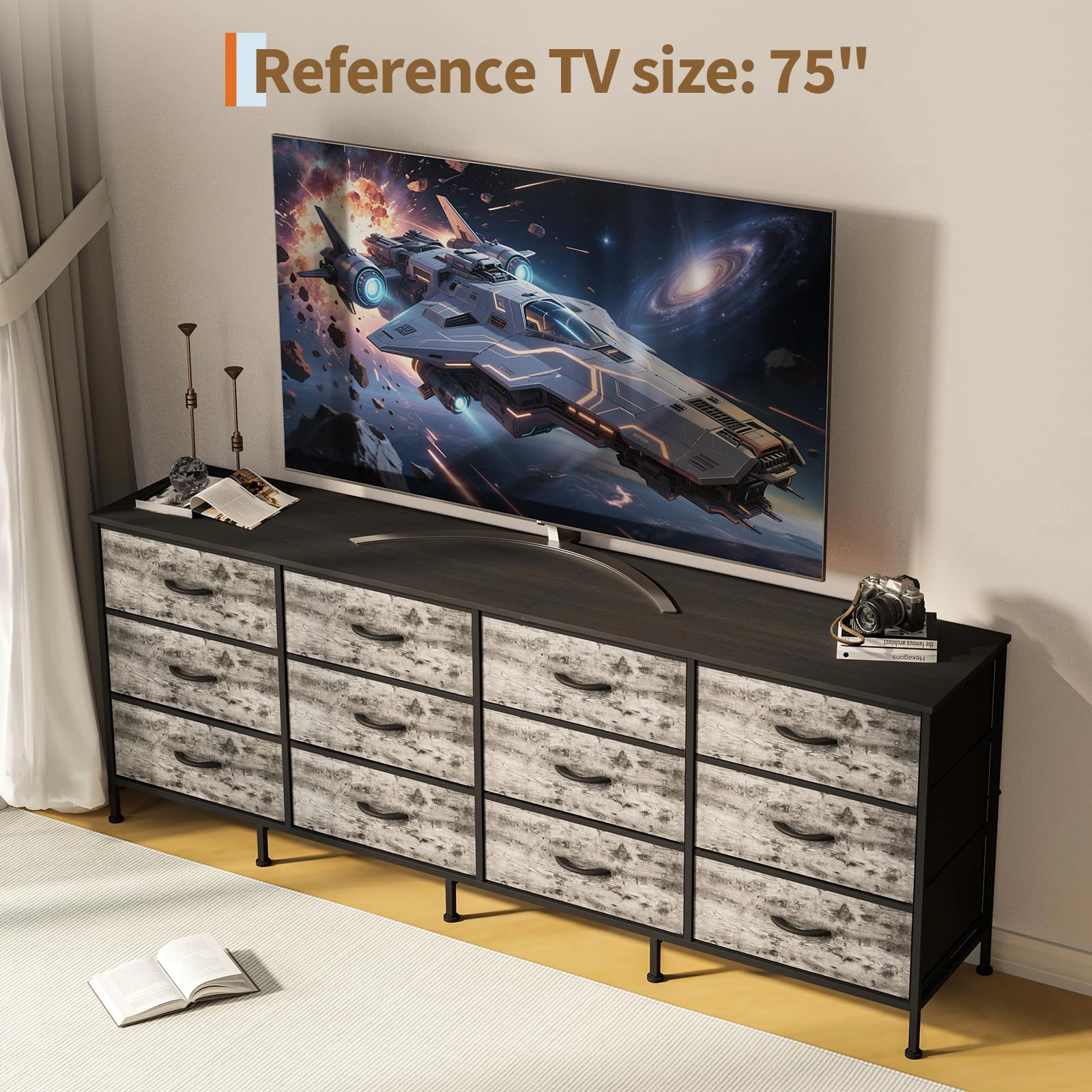 70.8" 12 Drawer Fabric Dresser TV Stand for Up to 80" with Wood Top