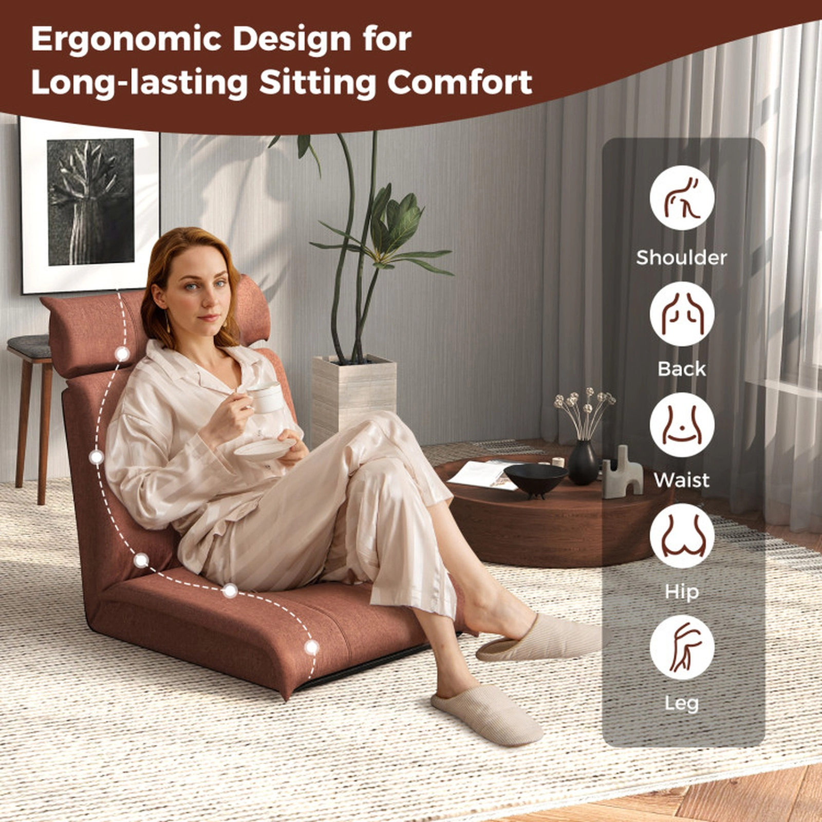 SUGIFT 14-Position Backrest 330-lb Capacity Brown Linen Folding Floor Chair with 5-Position Headrest