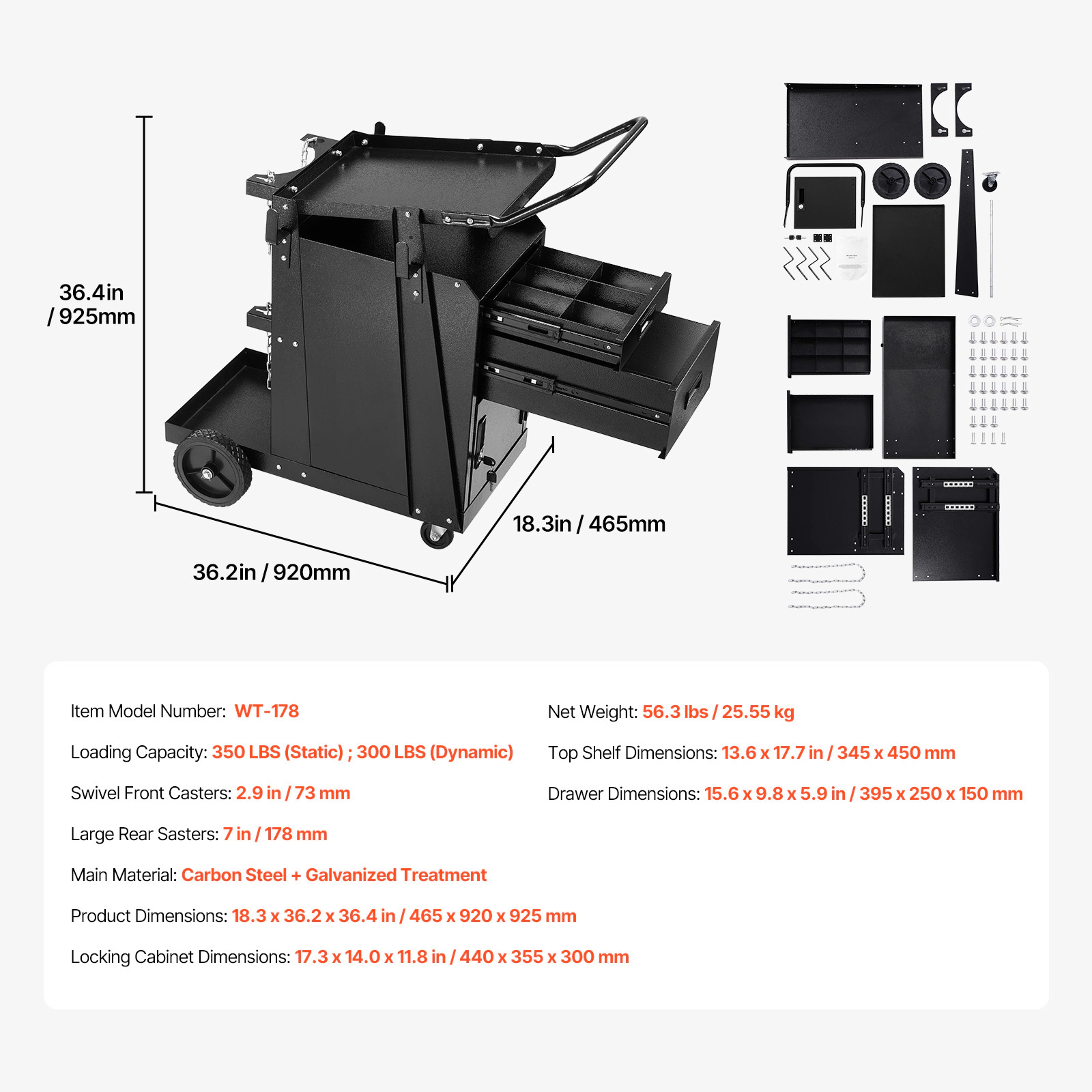 HONGGE Welding Cart with 2 Drawers & Lockable Cabinet, 350 lbs Capacity, Steel Cart for MIG TIG Welders