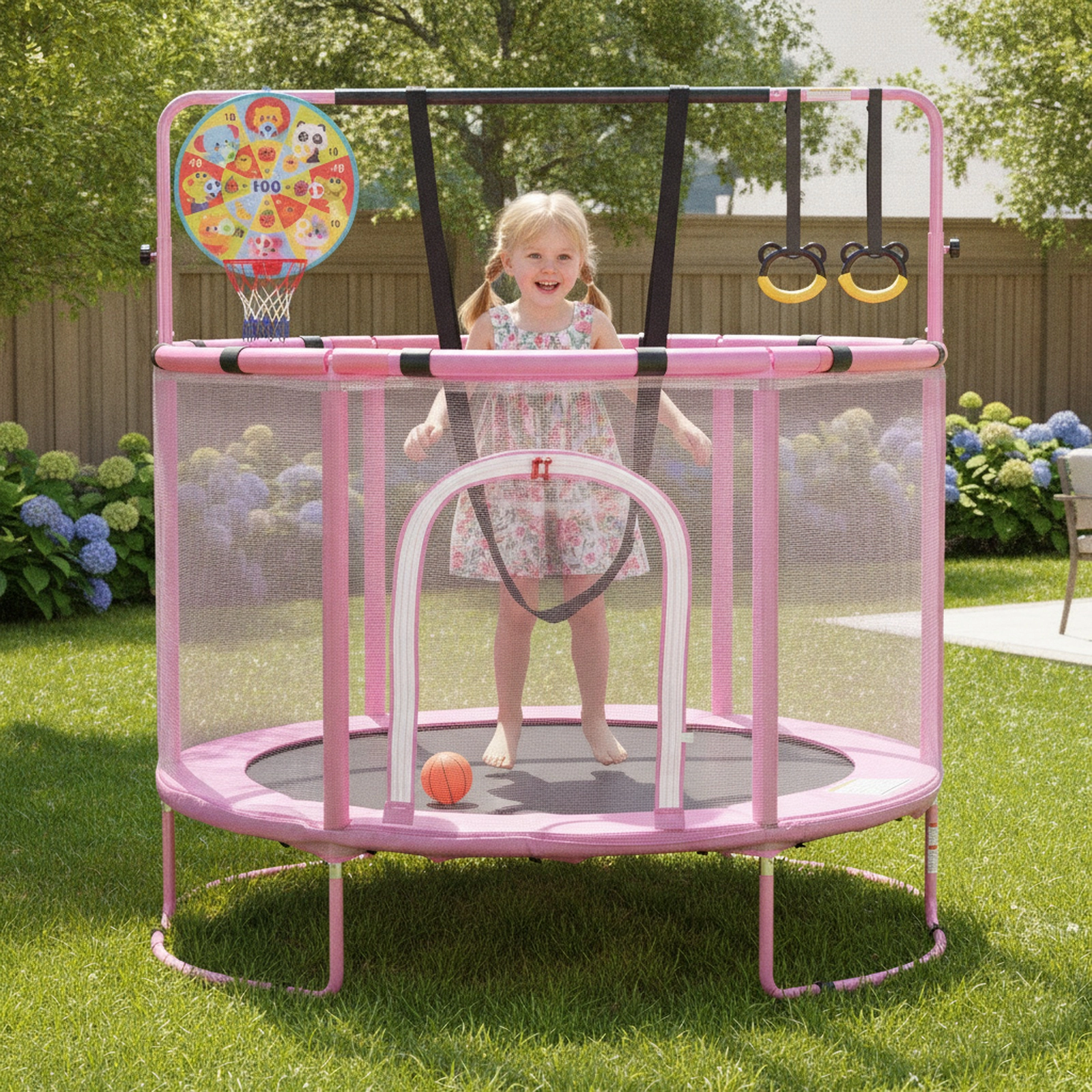 55-in Trampoline Adjustable Gymnastics Bar Kids Basketball Hoop Swing Purple Toddler Trampoline Indoor Outdoor Ages 3+