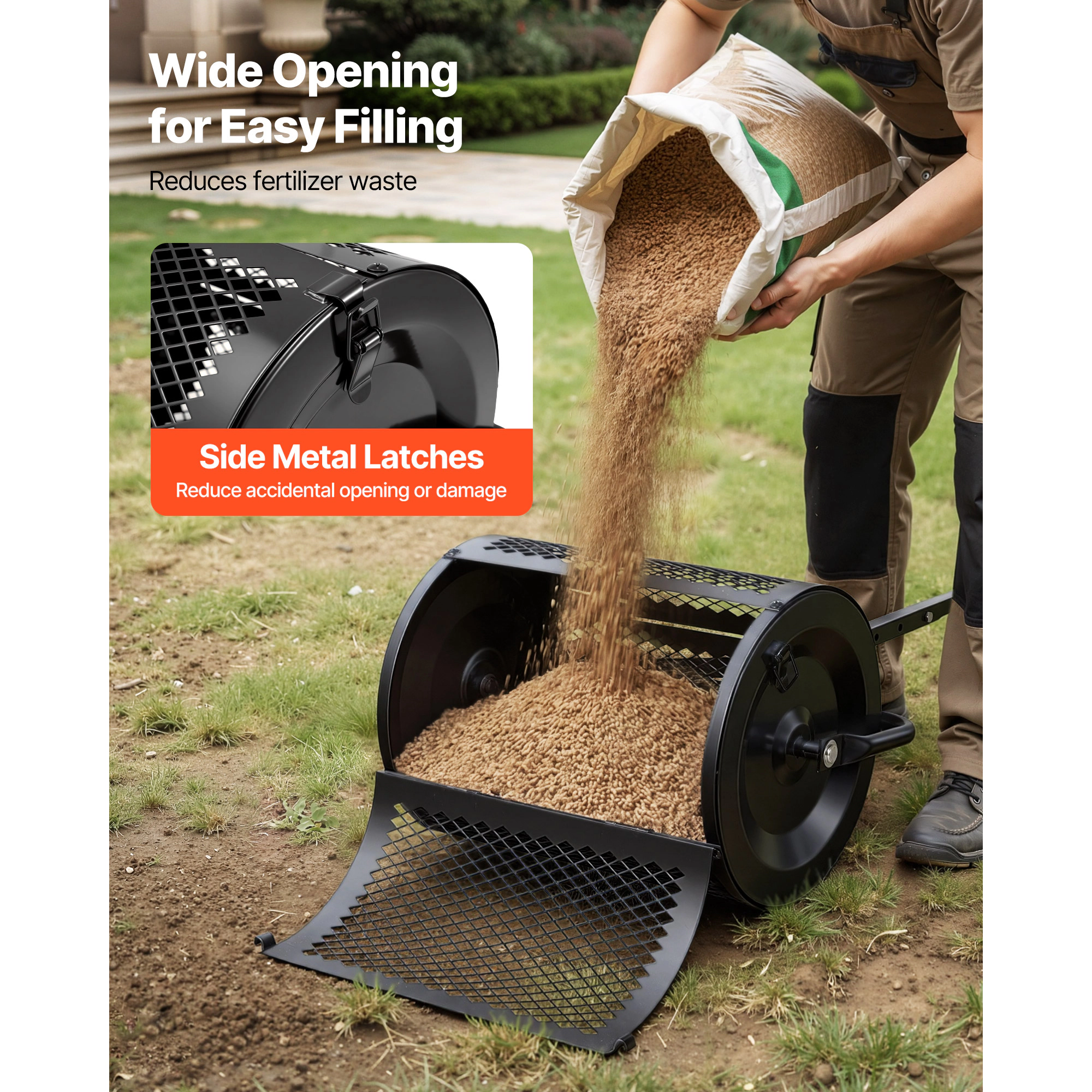 HONGGE Heavy Duty Compost Spreader Peat Moss Roller with Adjustable Handle Heights Powder-Coated Steel Garden Seeding