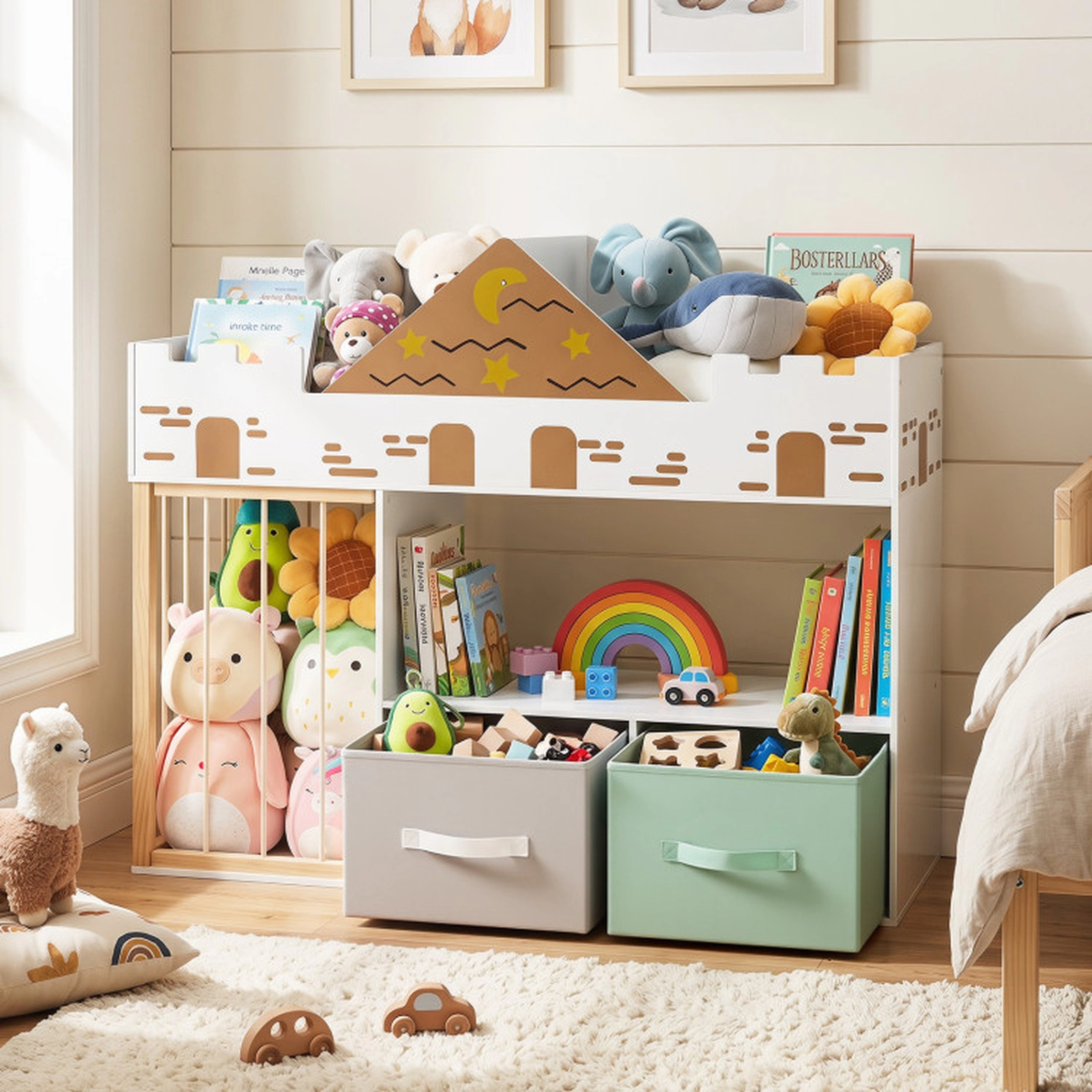 SUGIFT 36-in 35-lb Shelf Castle Kids Toy Organizer with Stuffed Animal Storage Fabric Drawers and Open Shelves
