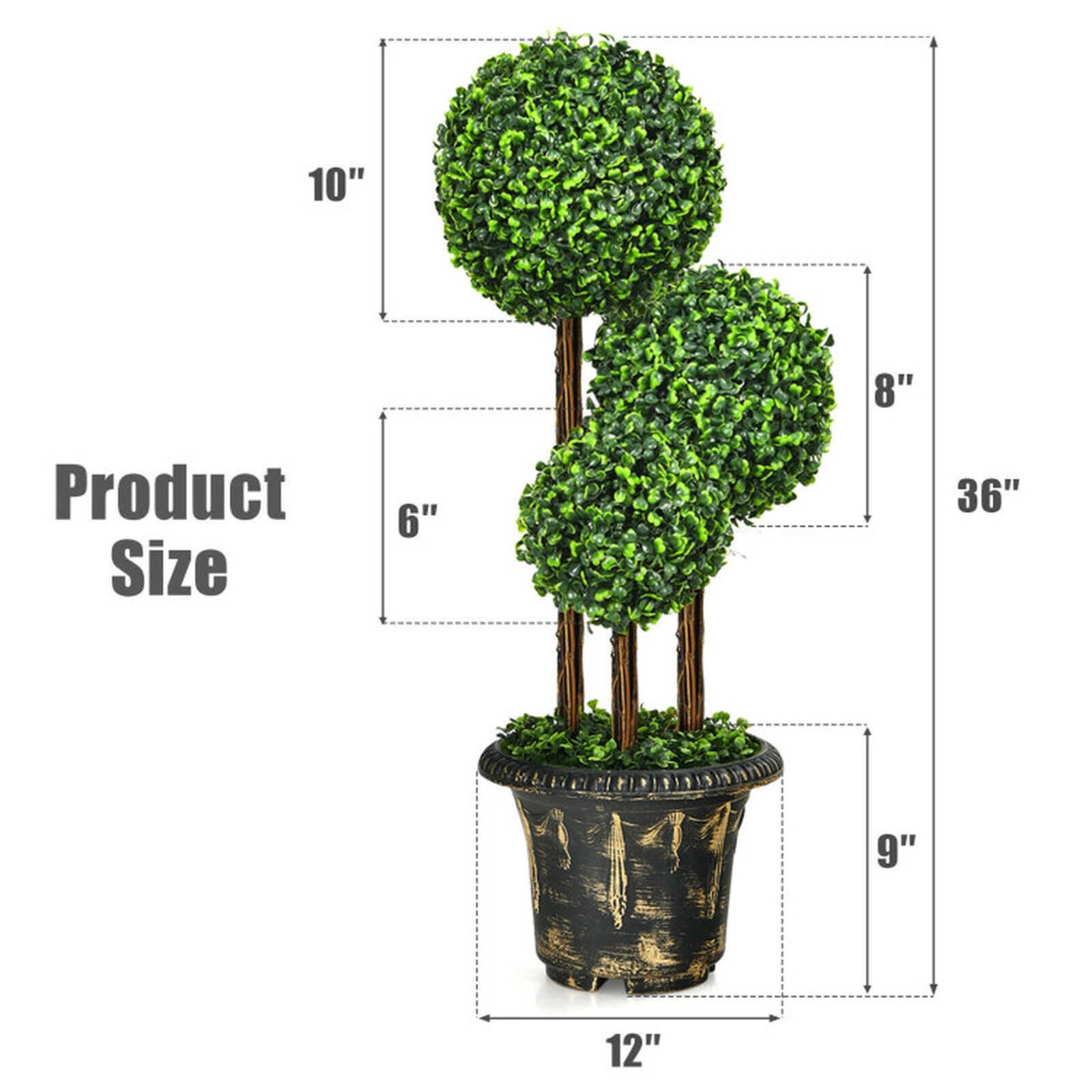 SUGIFT 36-in Artificial Triple Ball Topiary Tree with Real Wood Rattan Iron Tube Frame and Cement Pot