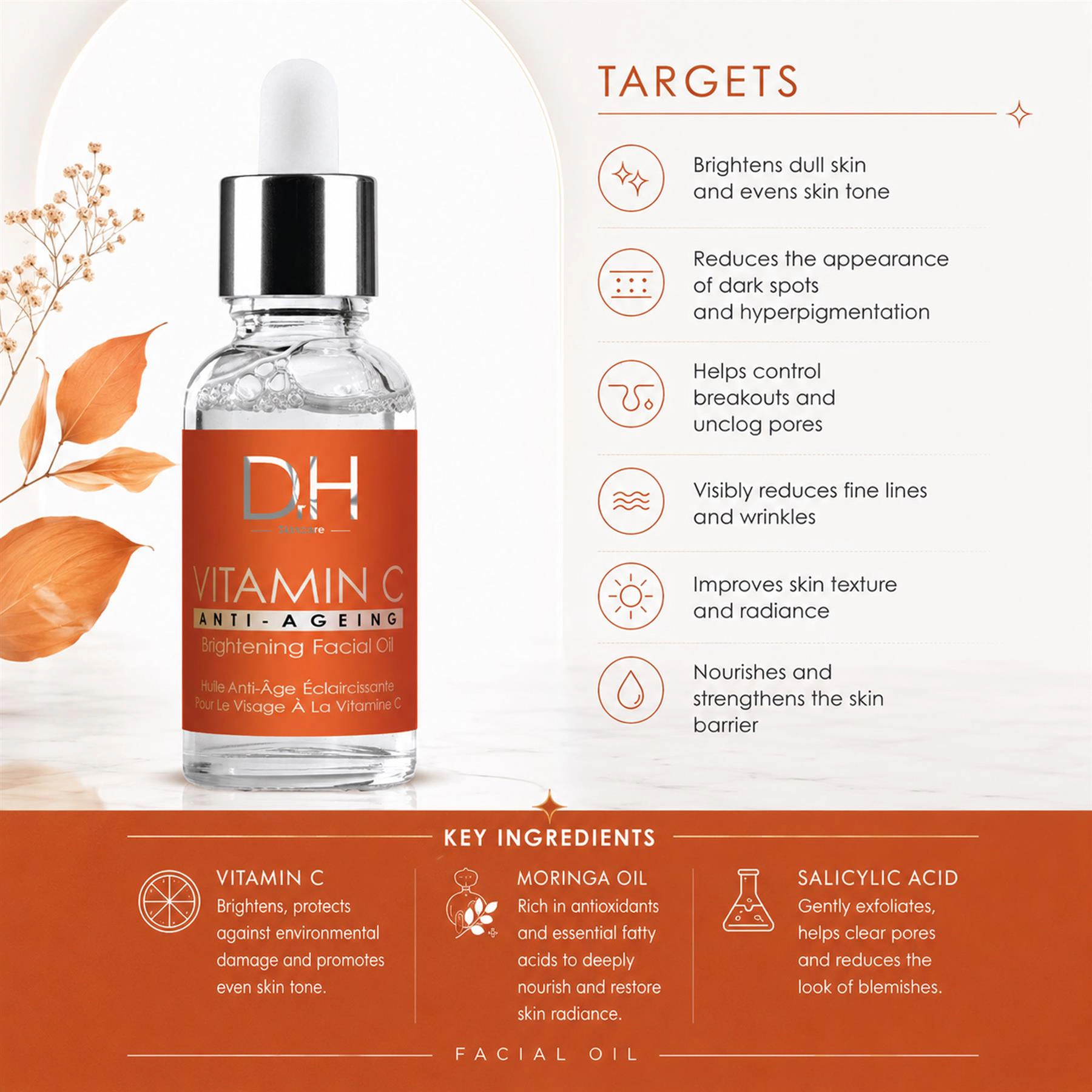 Dr H Vitamin C Brightening Facial Oil 30ml - Anti-Aging, Acne & Pore Minimizer