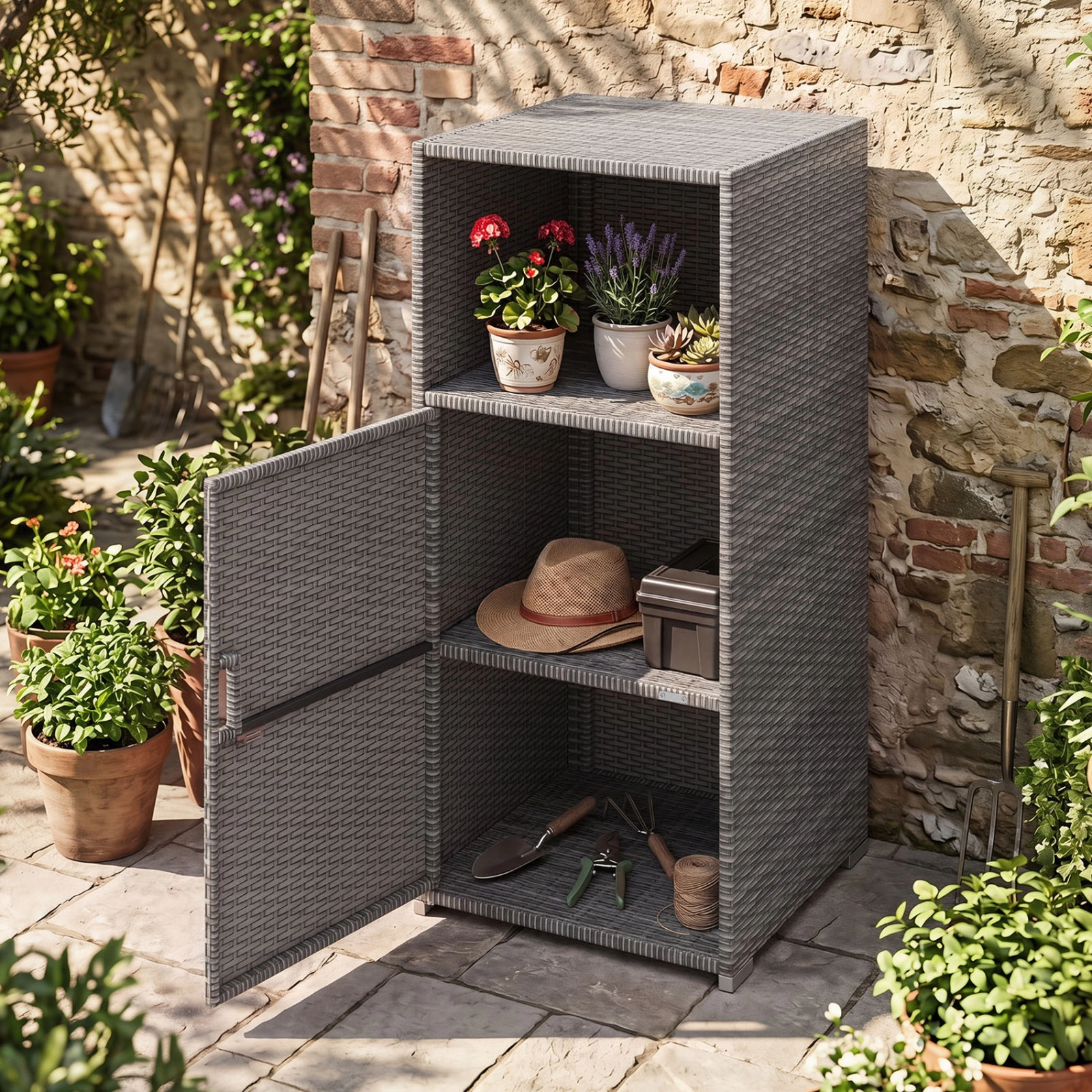 SUGIFT Gray Hand-Woven PE Rattan Outdoor Storage Cabinet with Door Open Compartment and 66-lb Tiers