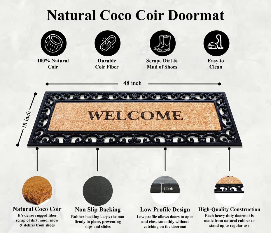 A1HC Coir and Rubber Door Mat 48x18 Inches Heavy Duty Durable Low-Profile Myla Welcome