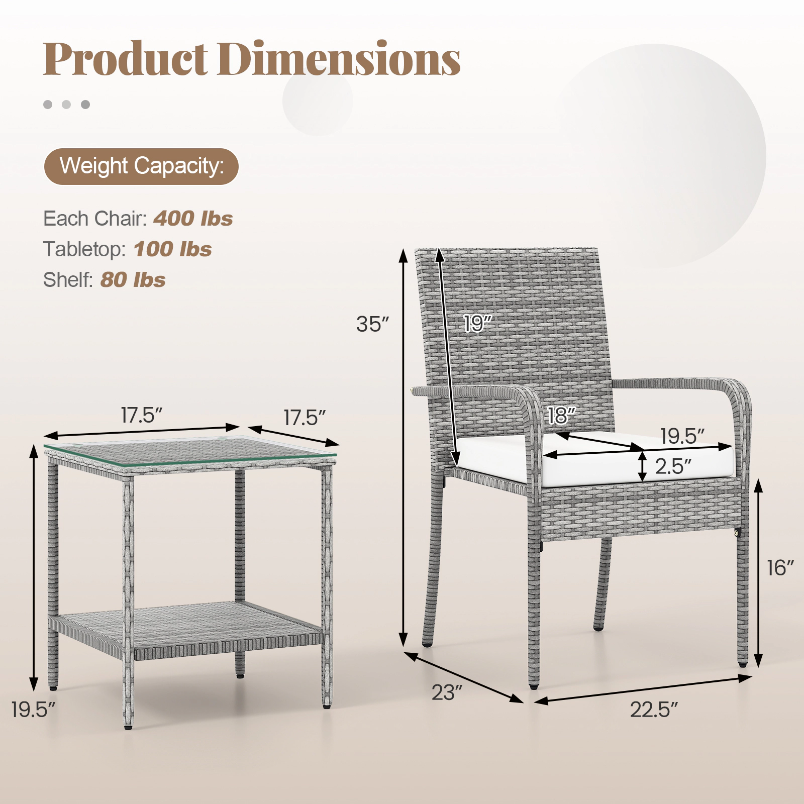 SUGIFT 3-Piece Gray Rattan Bistro Set with 2 Armchairs and 2-Tier Glass Table