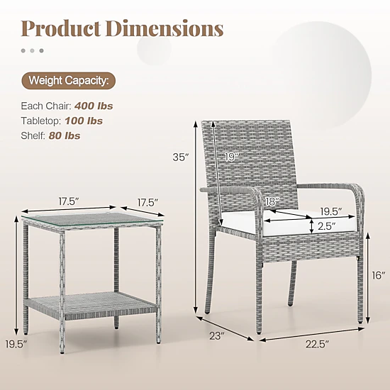 LJG 3 Piece Patio Furniture Set with Seat Cushions and Tempered Glass Tabletop for Balcony