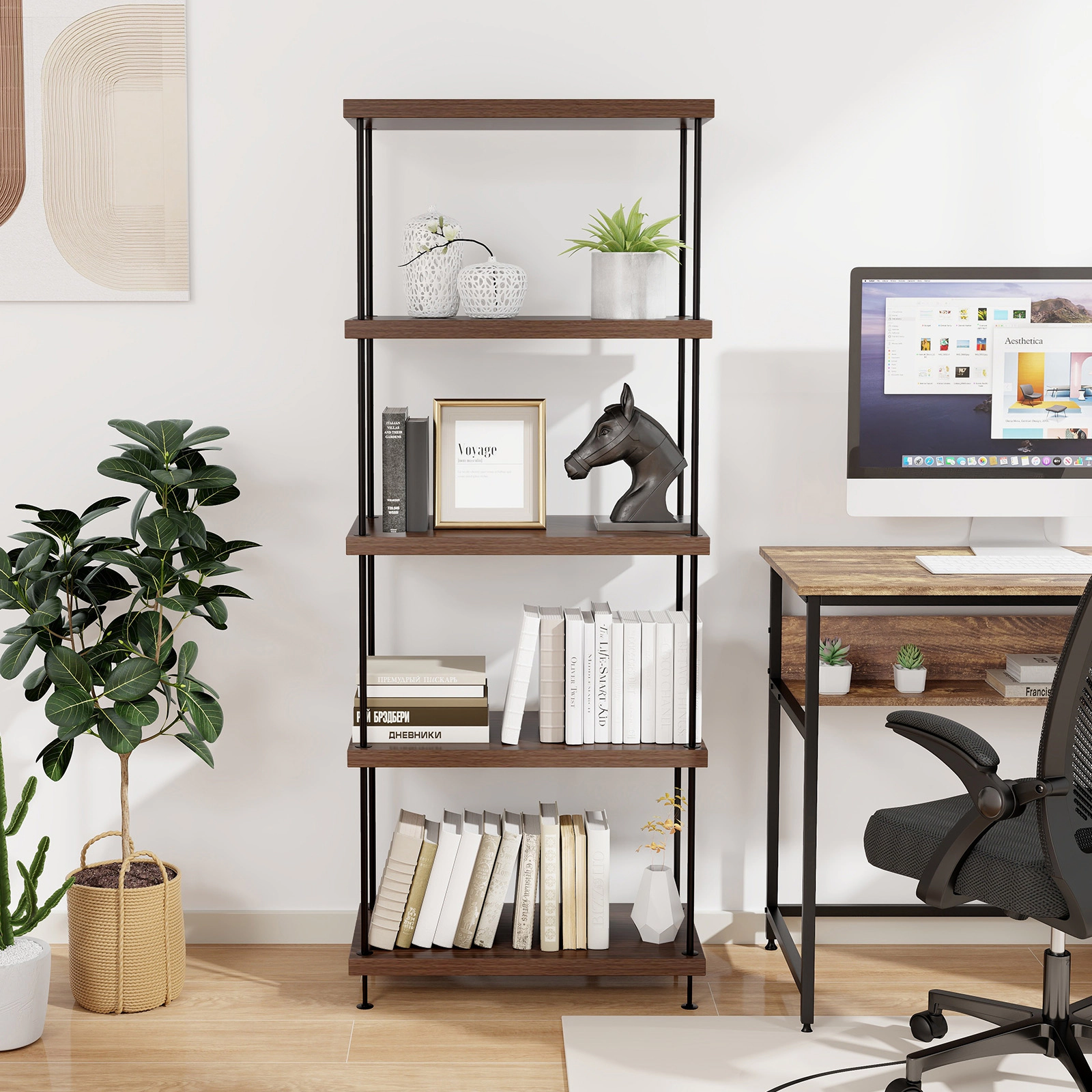 SUGIFT 5-Tier Multipurpose Display Rack Bookcase with Metal Frame 45-lb Shelf Capacity 58-in Tall Walnut