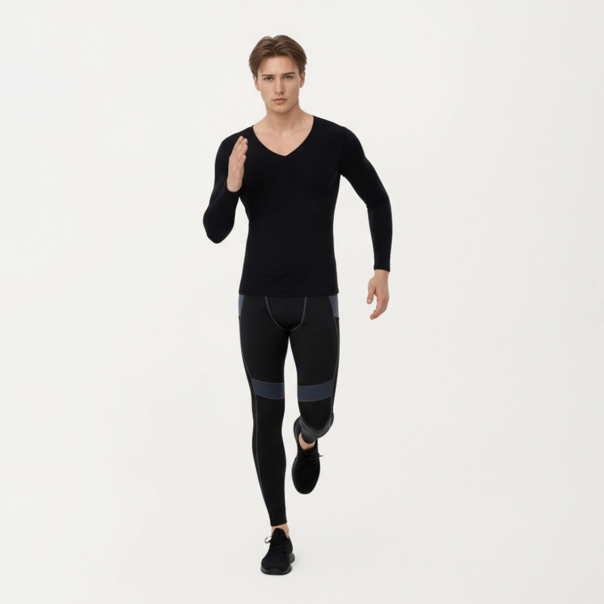 Anna-Kaci Men's Long Sleeve V-Neck Compression Shirt with Stretch Performance Fabric and Athletic Fit