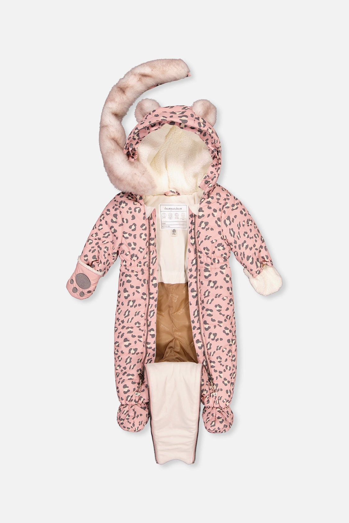 Deux par Girls Leopard Print One Piece Snowsuit for Car Seats with Bear-Ear Hood
