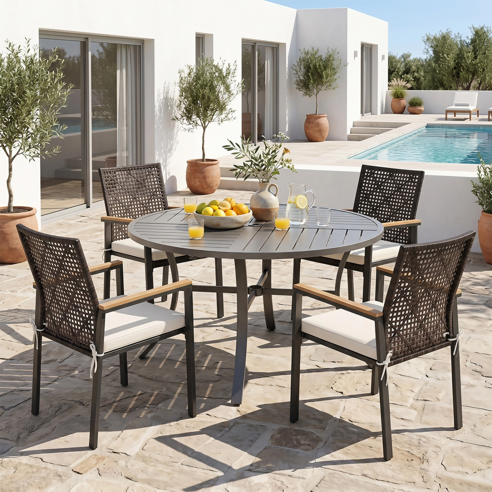 SUGIFT Set of 4 Hand-Woven PE Wicker Patio Dining Chairs with Acacia Wood Arms and Washable Cushions