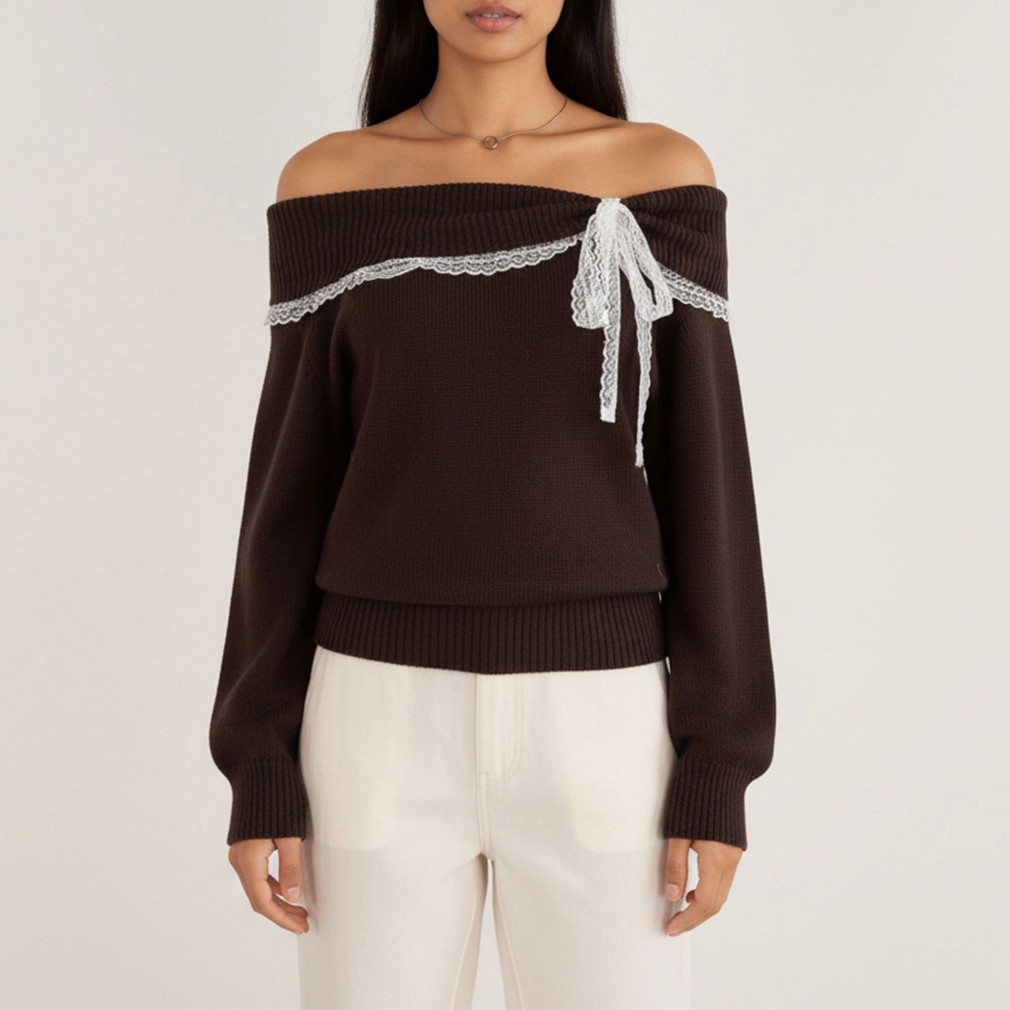 Anna-Kaci Women's Off Shoulder Knit Top with Lace Trim and Long Sleeves