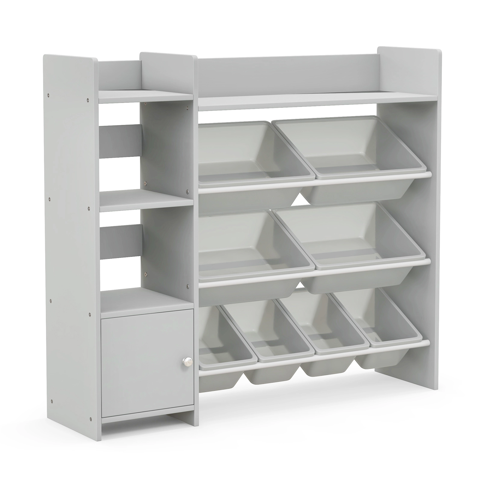 SUGIFT 4-Tier Kids Bookshelf and Toy Storage Rack with Cabinet 265-lb Total Capacity 8 Removable Bins 44.5-in Frame Gray