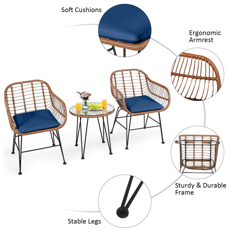 Hivvago 3 Pieces Patio Rattan Bistro Set With Cushion