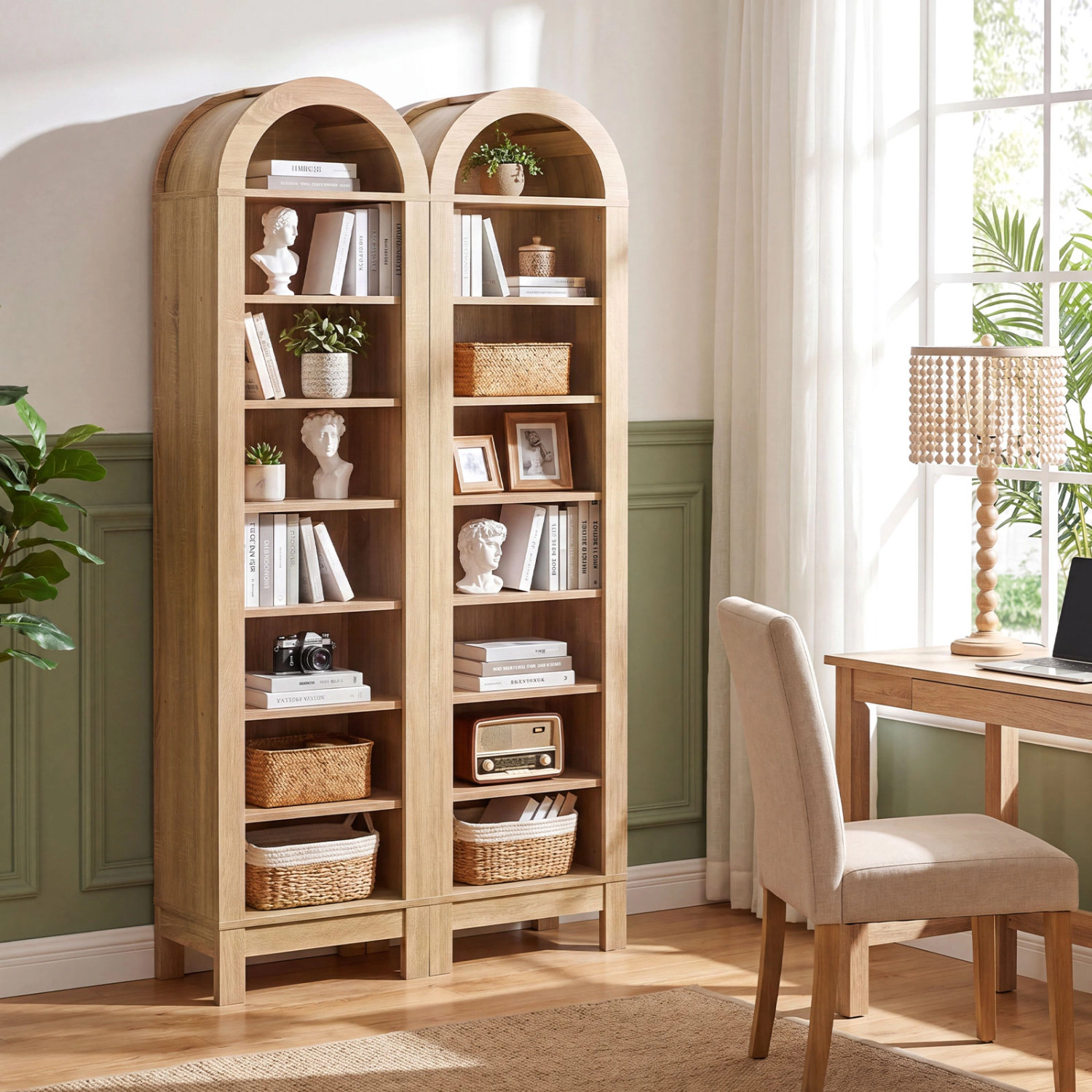 LJG 8-Tier Modern Arch Bookshelf with 3 Adjustable Shelves