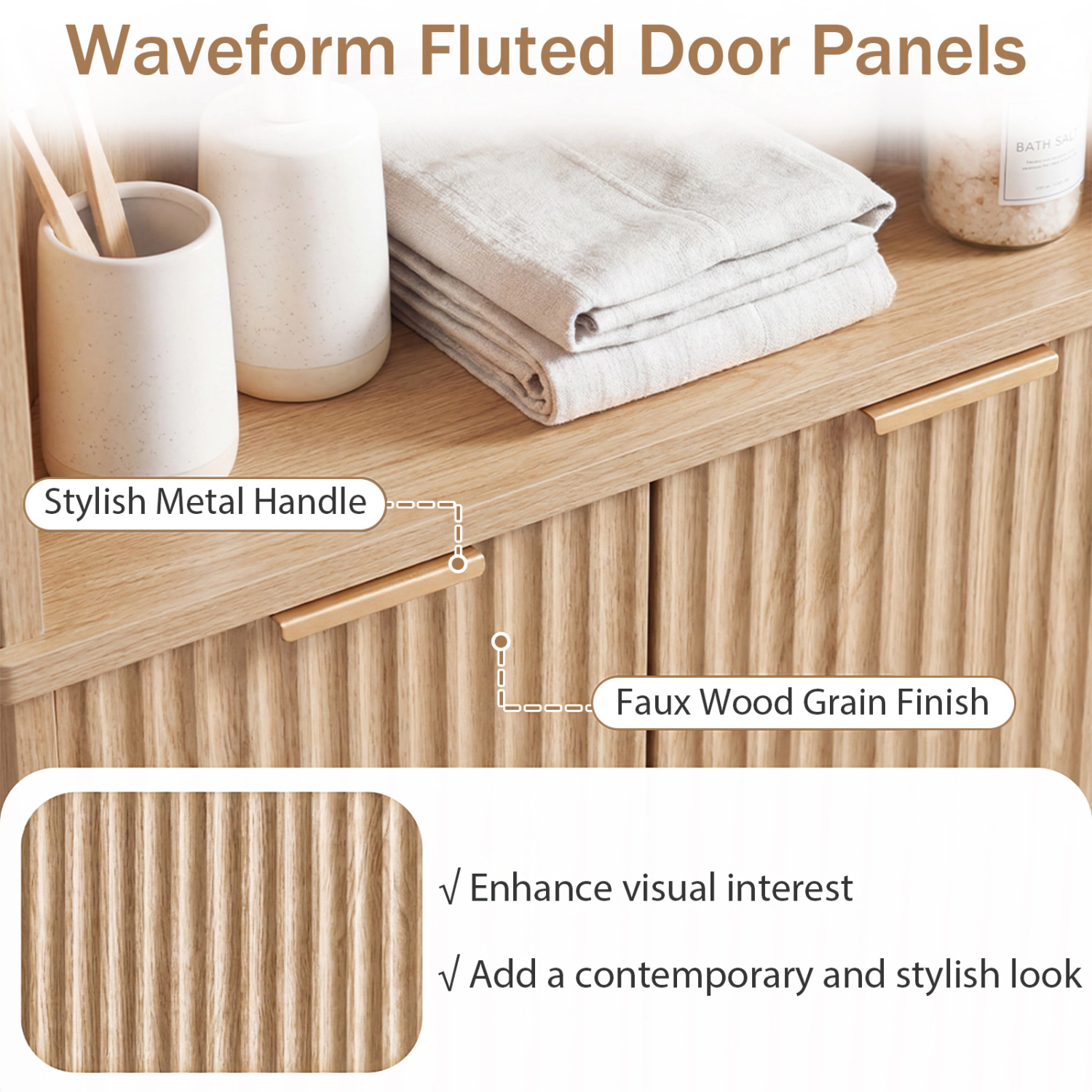 Glintex 68-Inch Wood-Tone Corner Cabinet with Fluted Doors and Rubber Wood Legs