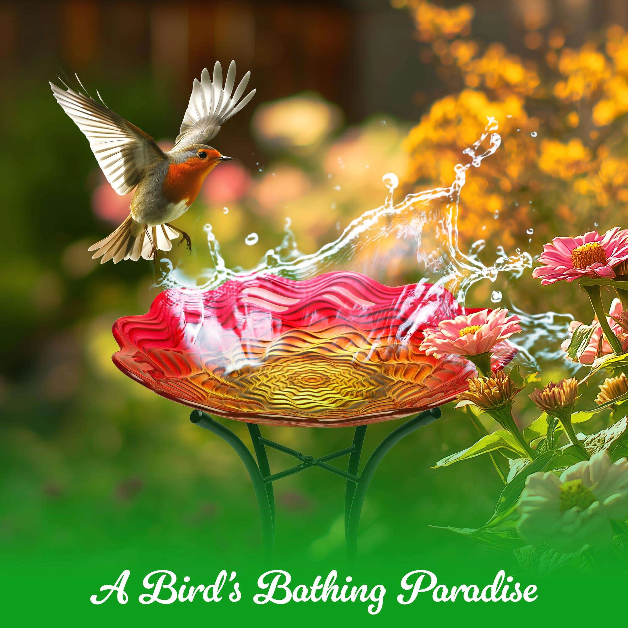 G128 19in Red Painted Glass Bird Bath with Stainless Metal Stand, Outdoor Garden Feeder Bowl