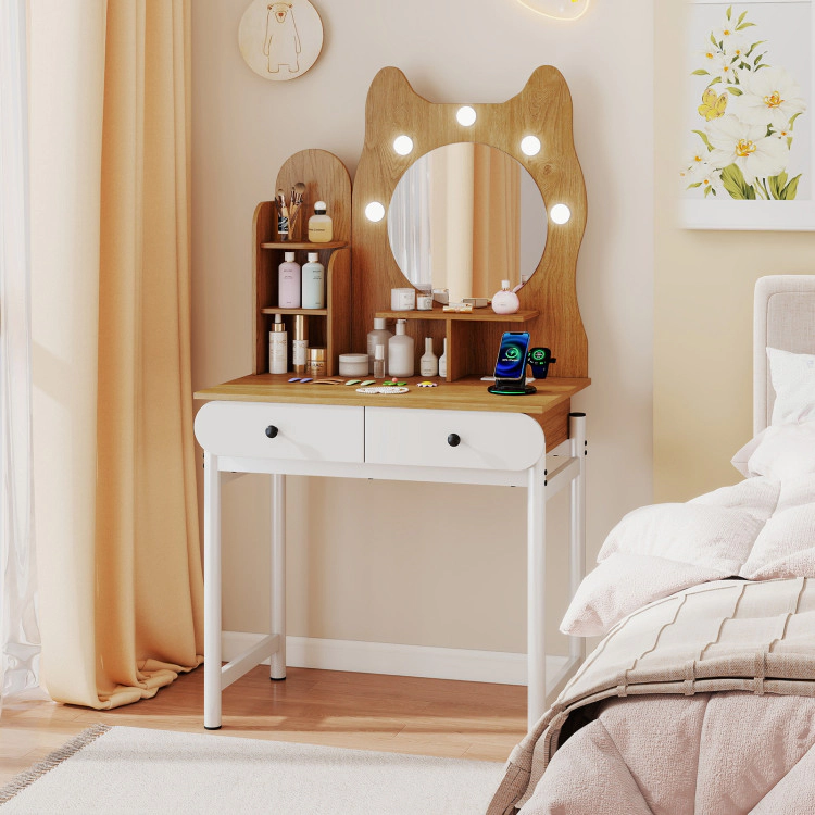 Hivvago Small Vanity Desk With Mirror And Lights Cute Kitty Makeup Table With Power Outlets