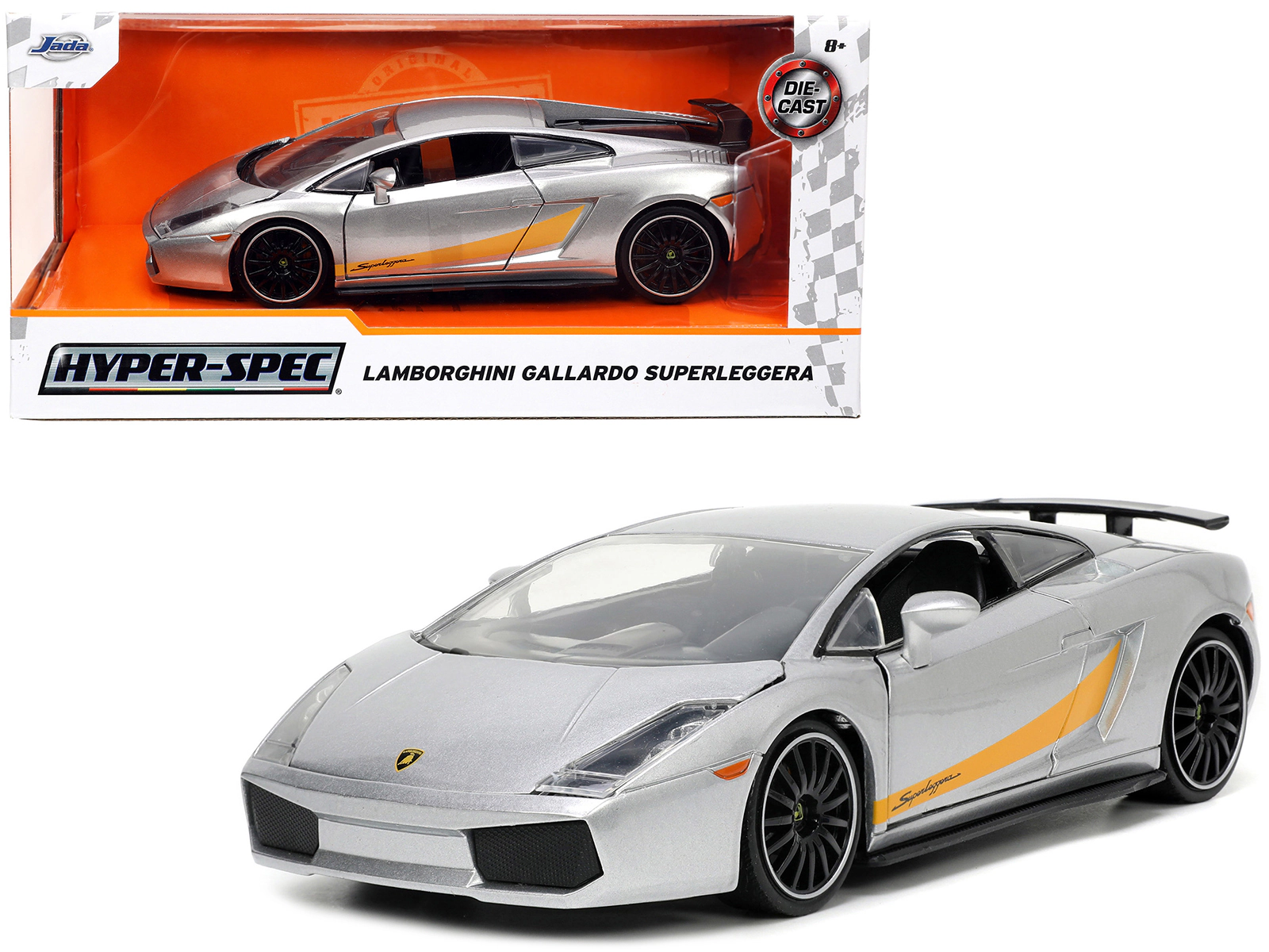 Jada Lamborghini Gallardo Superleggera Silver Metallic with Yellow Stripes "Hyper-Spec" Series 1/24 Diecast