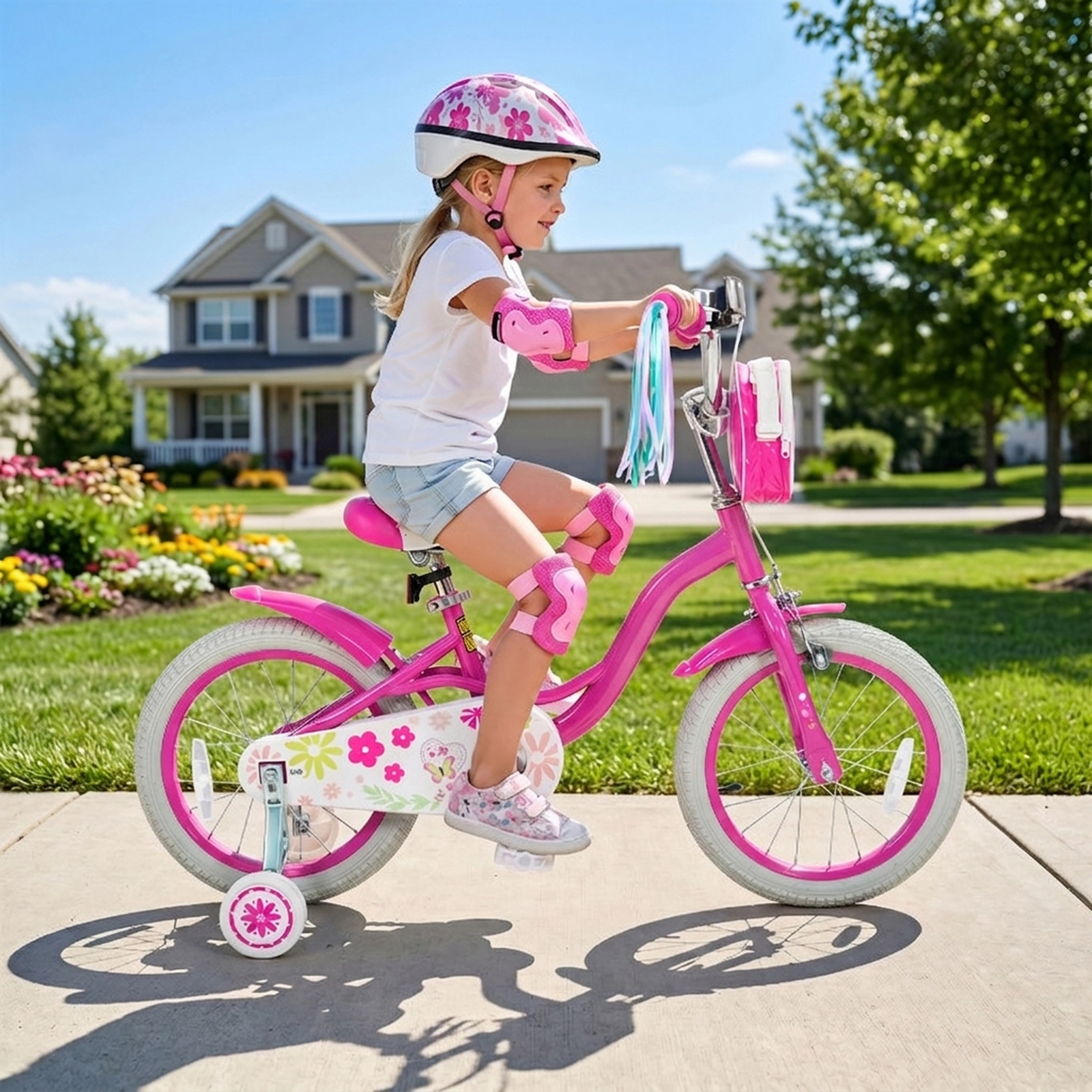 SUGIFT Pink Training Wheels Front Bag and Streamers Girls Bike