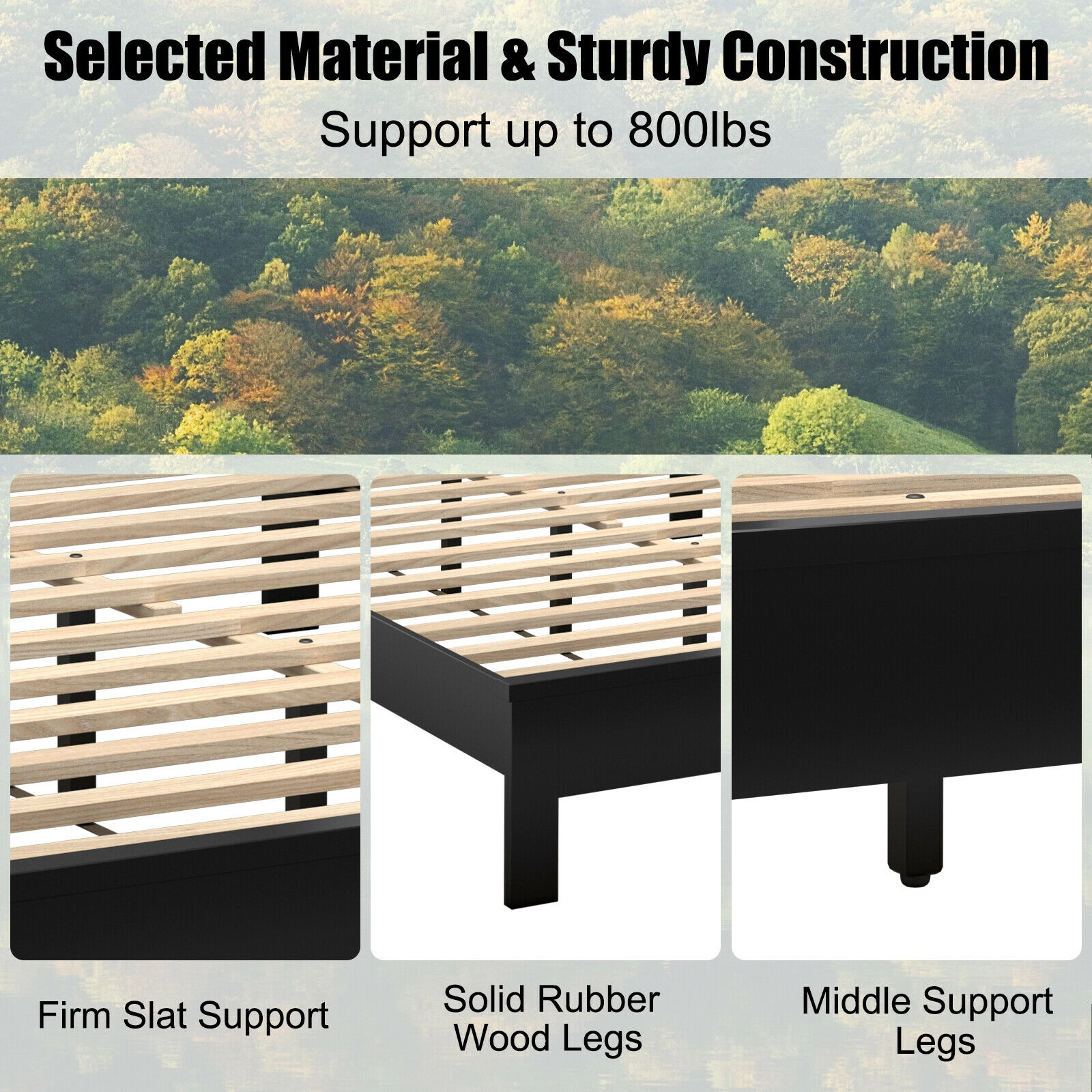 SUGIFT Queen Size Black Wood Platform Bed Frame with High Headboard and Roll-Out Slats