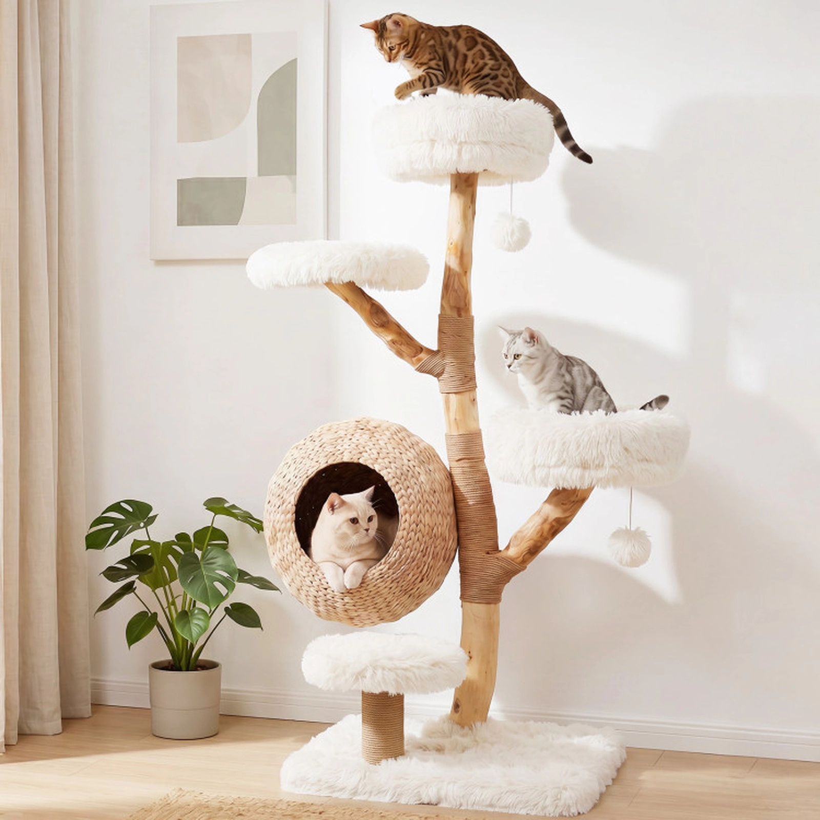 SUGIFT 52.76-in White 5-Tier Wooden Cat Tree with Hand-Woven Cattail Condo Pear Wood Posts and Perches